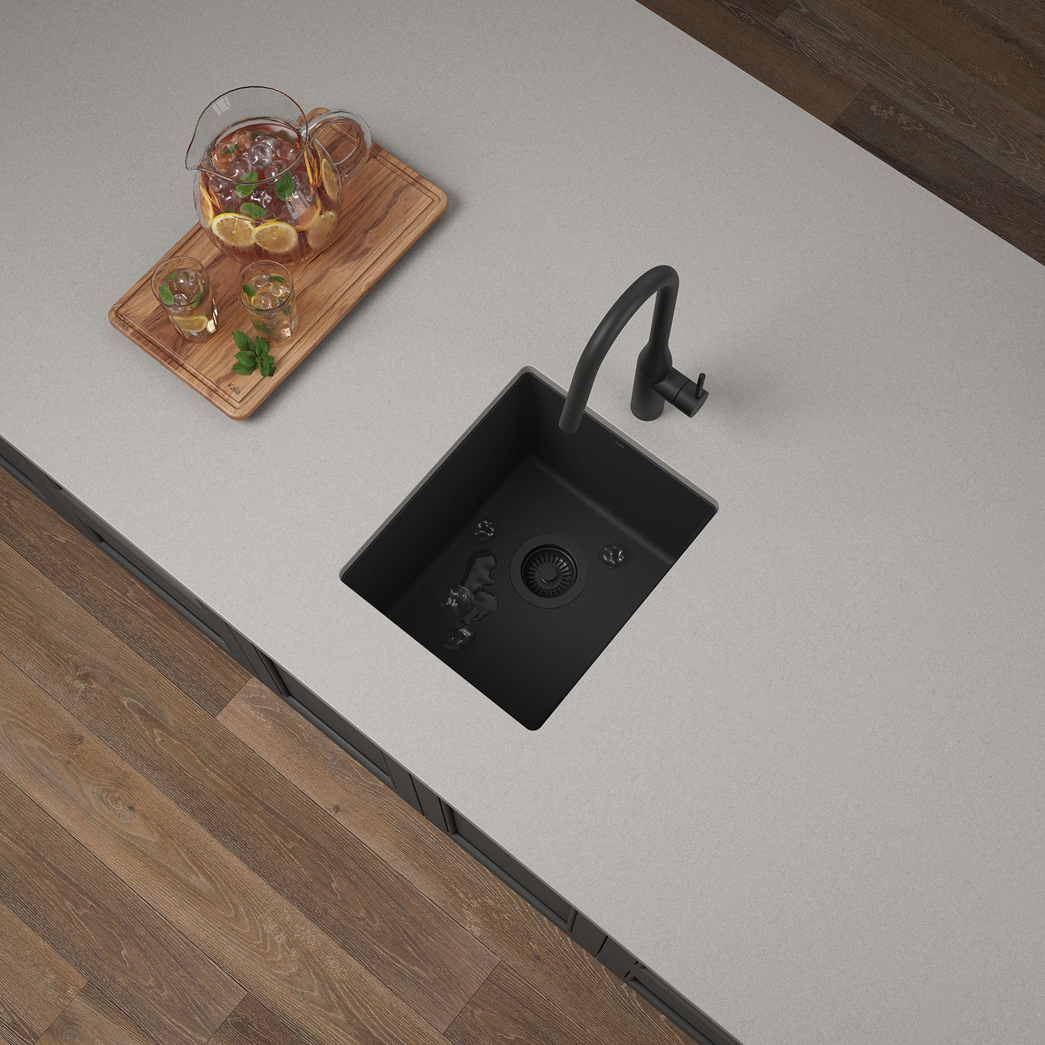 BACIA 15 Granistone 15" Bar Sink with Stainless Steel Drain for Undermount or Drop-In Installation, Onyx Black
