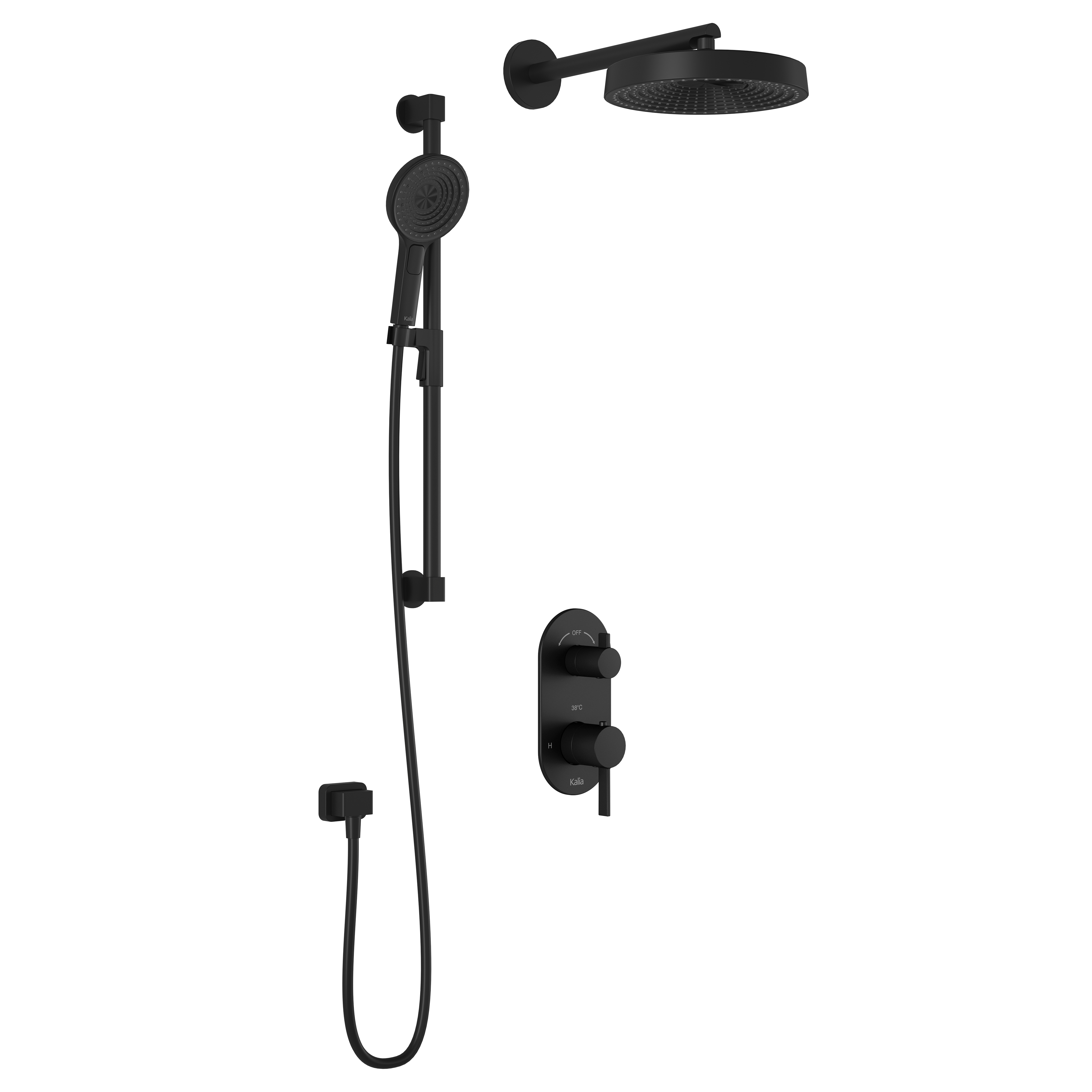 RoundOne™ TD2 PREMIA (Valve Not Included): AQUATONIK™ T/P Shower System and Selector with Matte Black Wall Arm