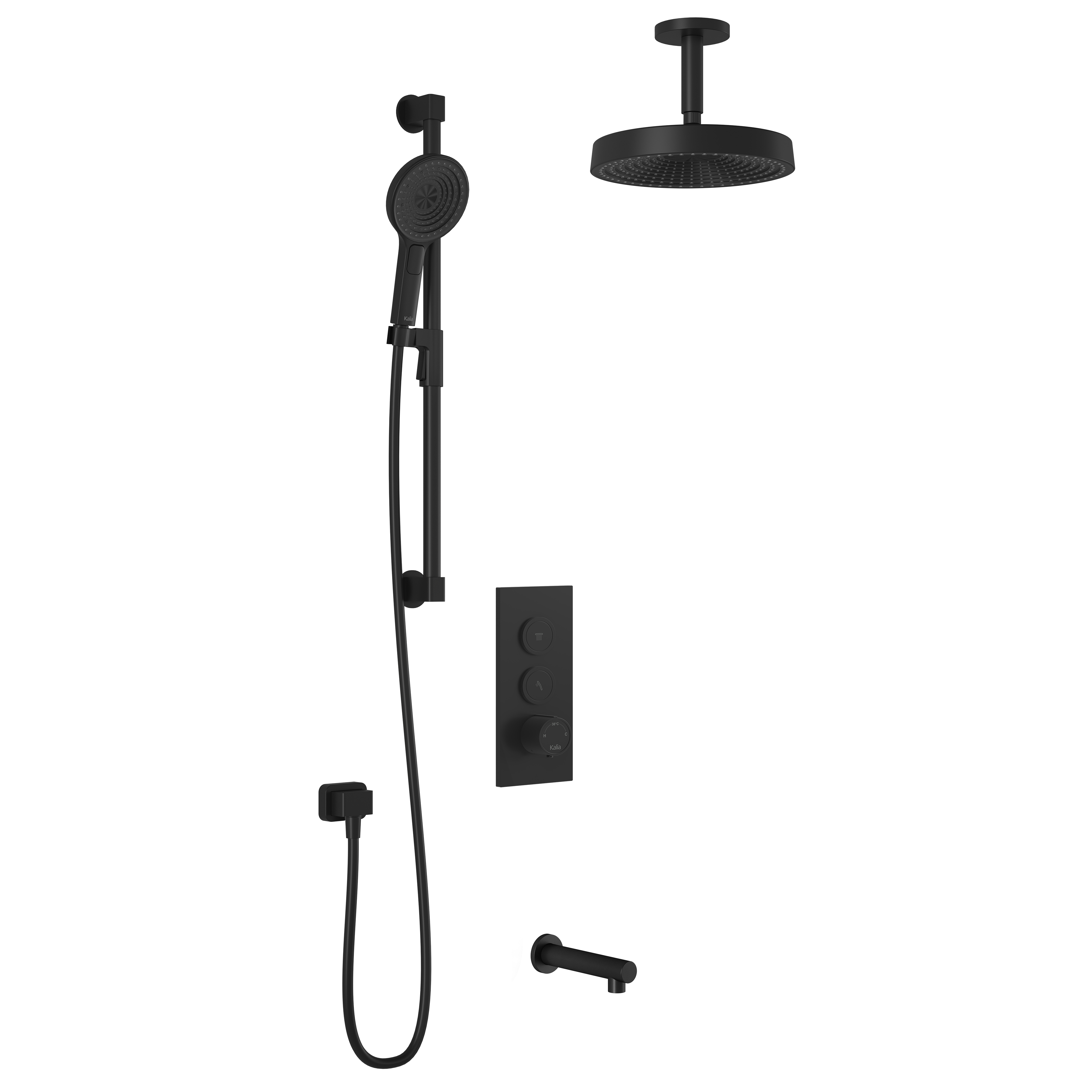 RoundOne™ TB3 PREMIA (Valve Not Included): AQUATONIK™ Push Button Shower System with Matte Black Vertical Arm