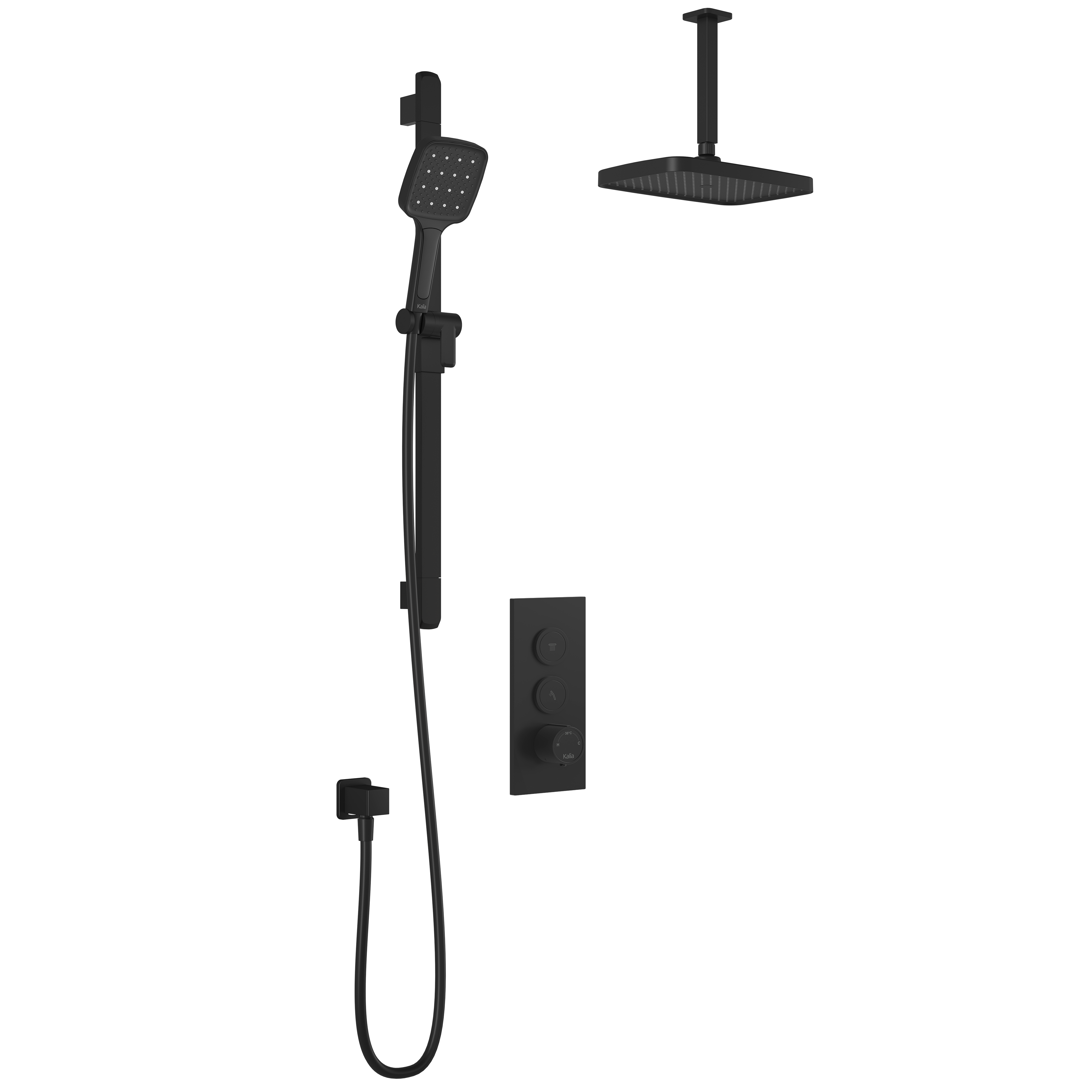 SquareOne™ TB2 PLUS (Valve Not Included): AQUATONIK™ Push Button Shower System with Matte Black Vertical Arm