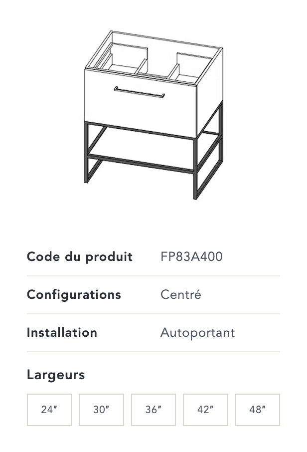 Meuble-lavabo Fuzion. Plusieurs grandeurs et finis sont disponibles pour ces vanités. Prix disponible en boutique.