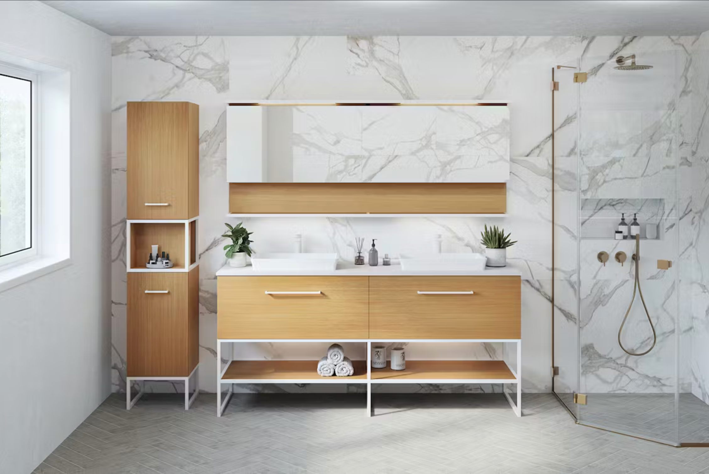 Meuble-lavabo Fuzion. Plusieurs grandeurs et finis sont disponibles pour ces vanités. Prix disponible en boutique.