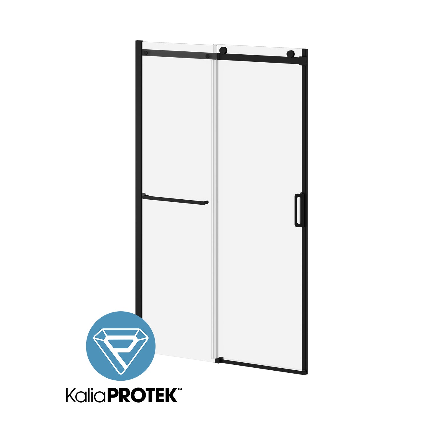 K3™ Towel Bar and KaliaProtek™ Alcove Sliding Shower Door, Fixed and Movable Panels, 48" x 77" (Reversible), Matte Black, Clear Glass with Film