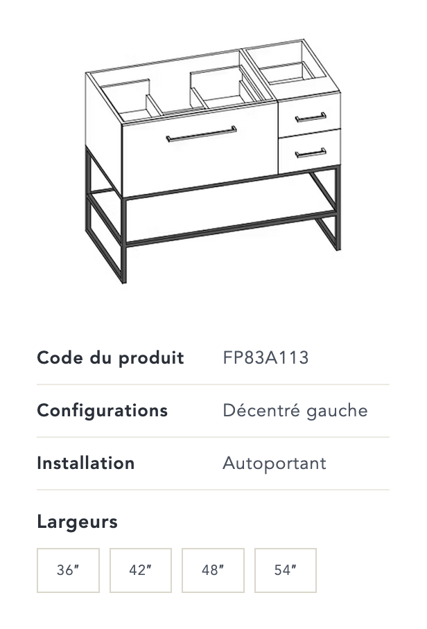 Meuble-lavabo Fuzion. Plusieurs grandeurs et finis sont disponibles pour ces vanités. Prix disponible en boutique.