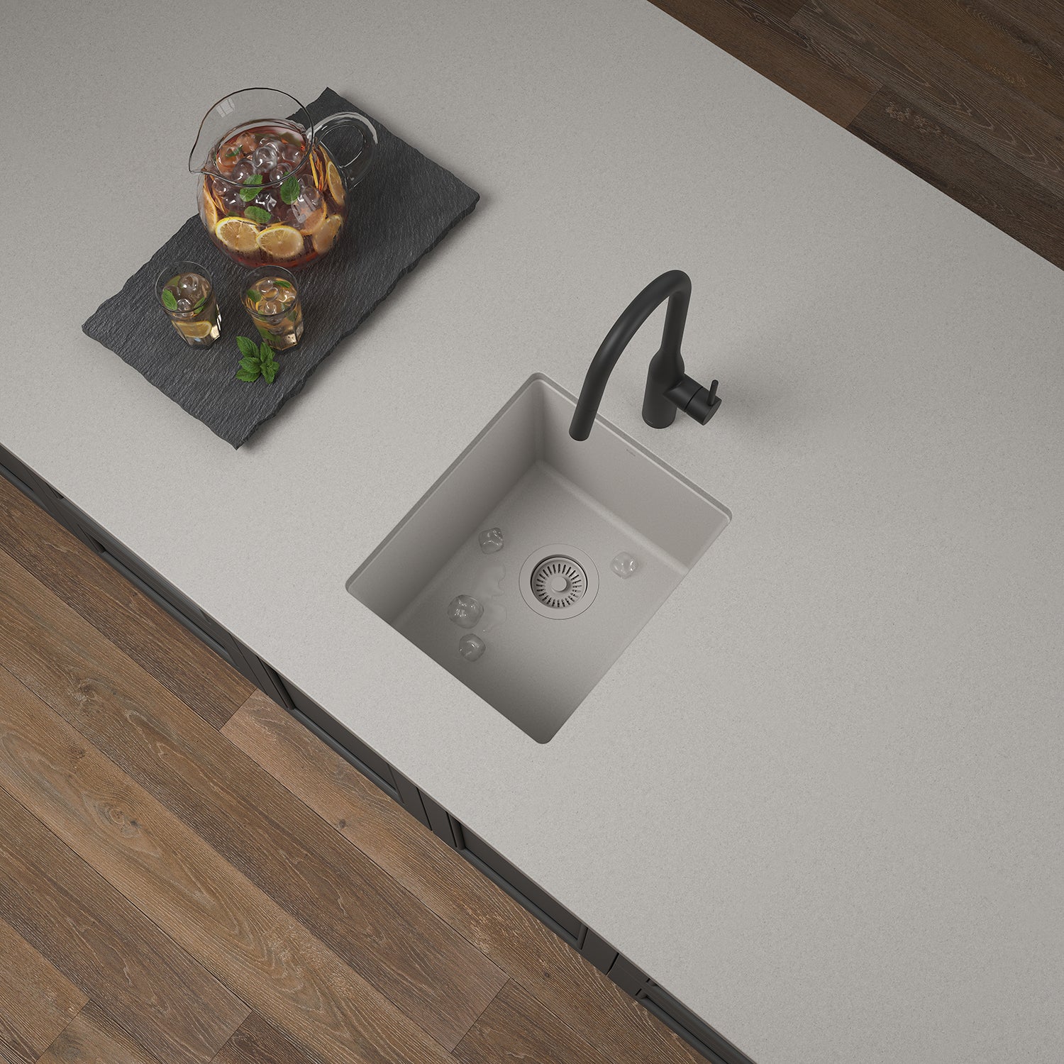 BACIA 15 Granistone 15" Bar Sink with Stainless Steel Drain for Undermount or Drop-In Installation, Pebble Grey