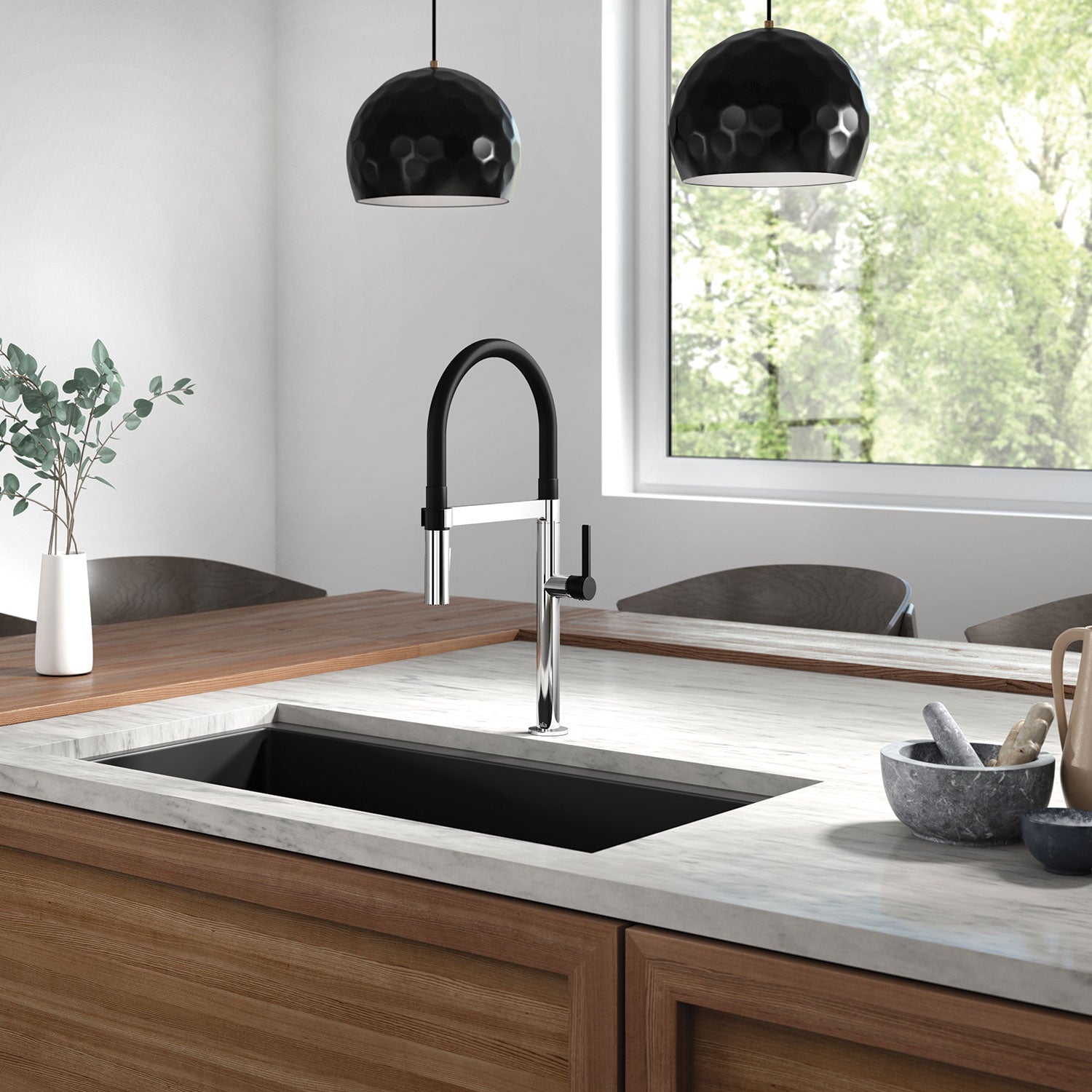 EXKI diver™ Tuyau PVC Robinet de Cuisine Monocommande Douchette Extensible, 2 Jets Noir/Chrome