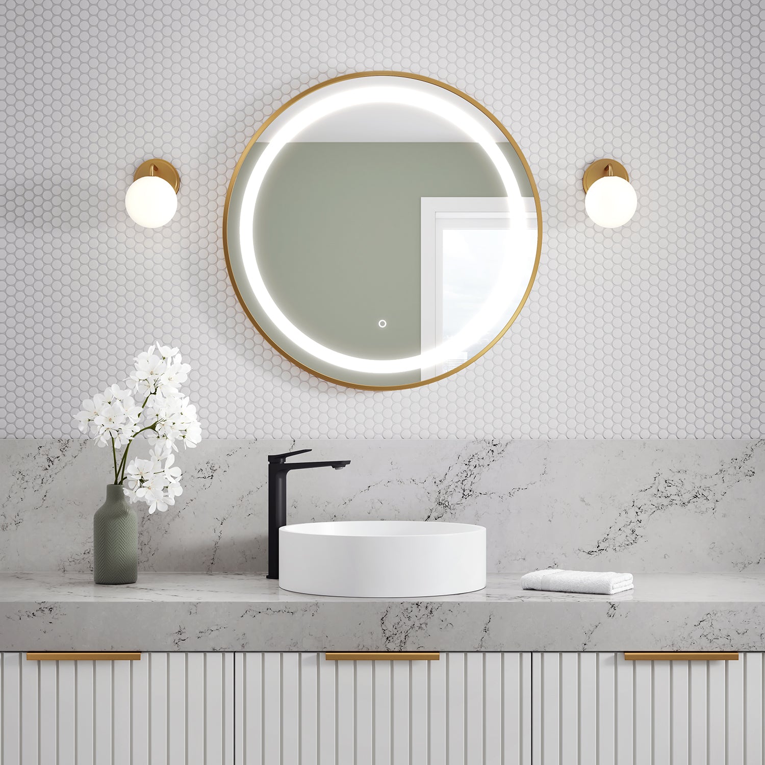 EFFECT Miroir Rond à Éclairage DEL avec Bande Givrée, Cadre Or Brossé et Interrupteur Tactile pour Contrôle de Température de Couleur Ø30 x 1¾