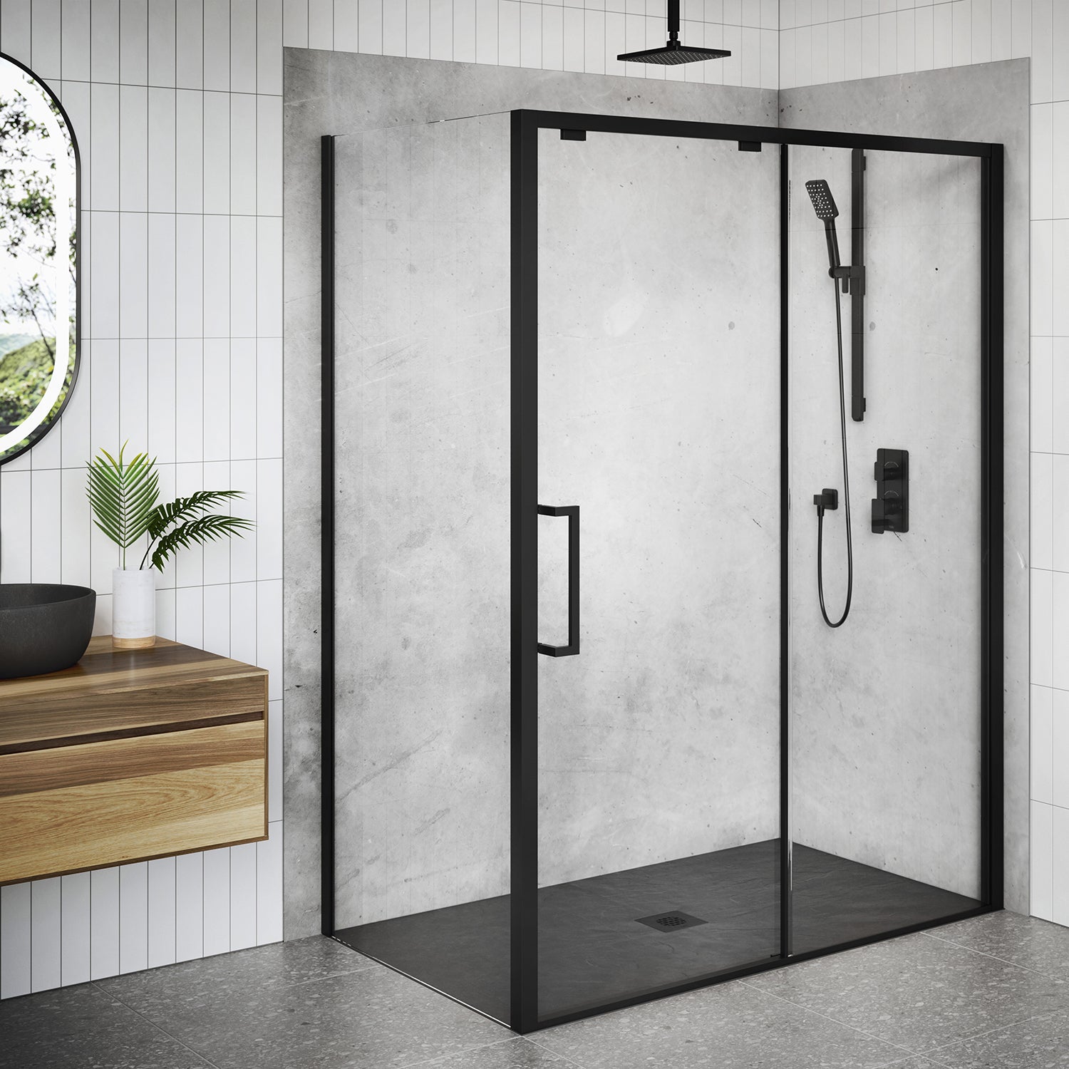 60x36 Concrete #200 Shower Wall Set, 2 Panels, 60x36 for Corner Installation - Glossy Concrete #200