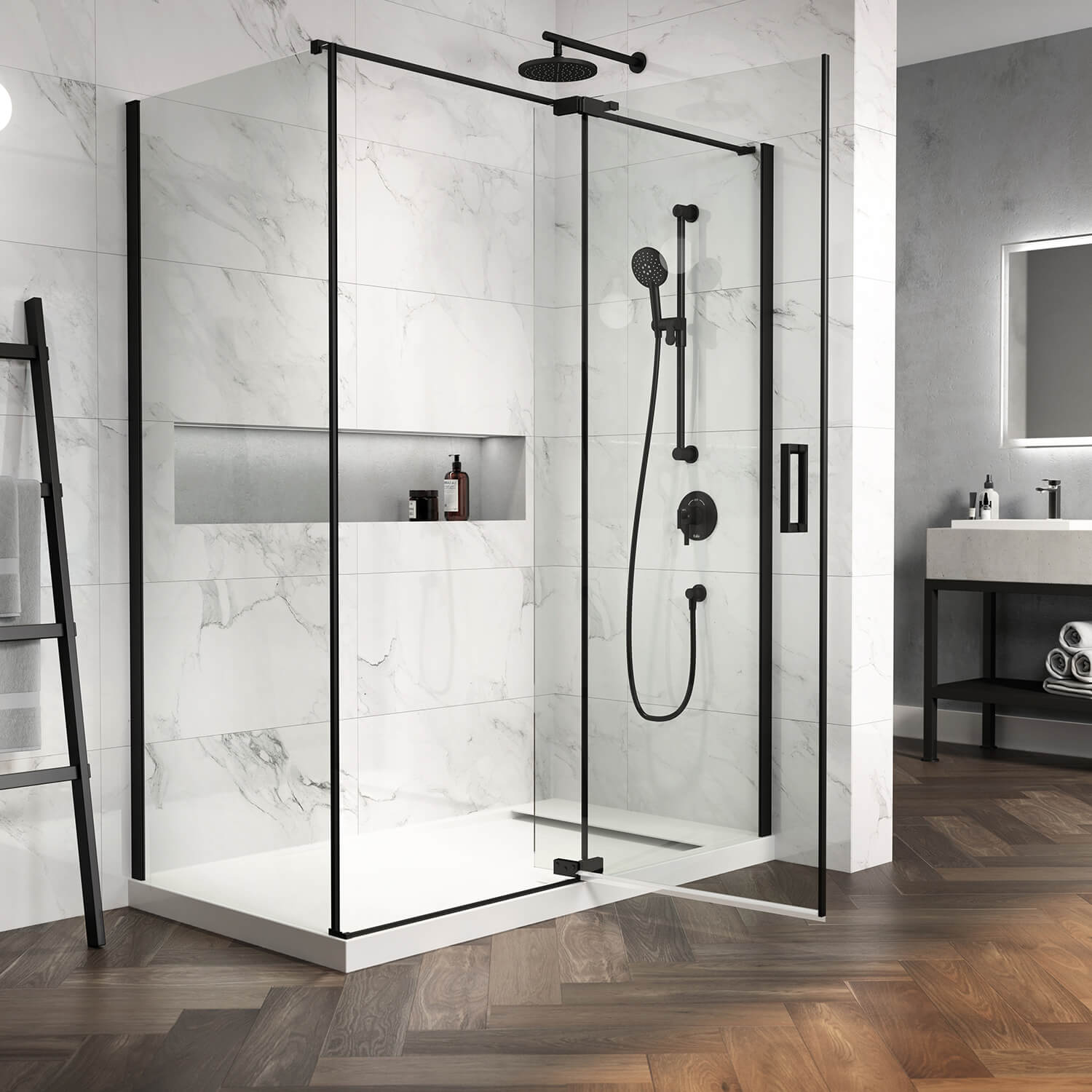 DISTINK™ with KaliaProtek™ (Box 1 of 2) 2-Panel Pivot Shower Door, Duraclean Glass with Film, 60" x 77" for Corner Installation (Reversible), Matte Black