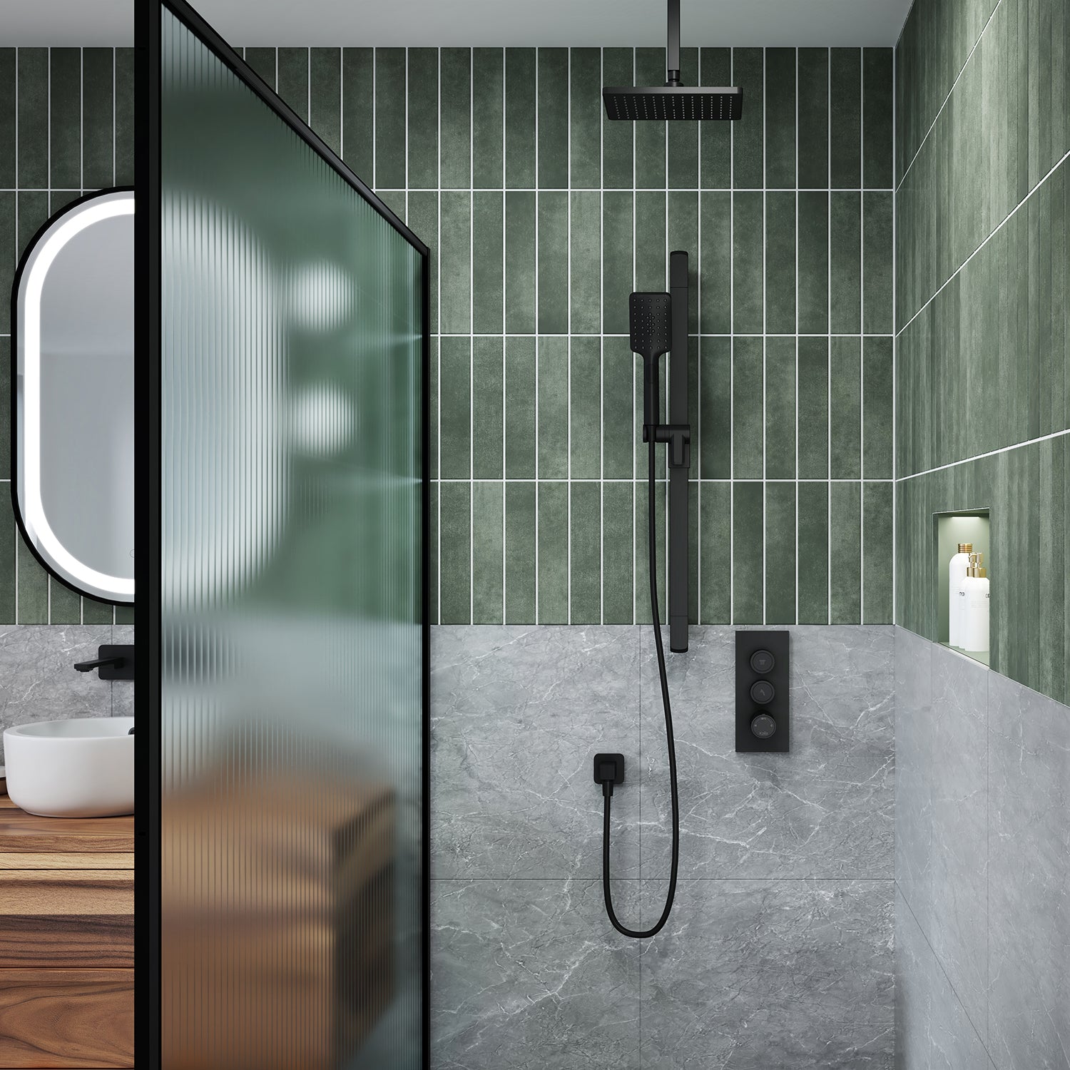 SquareOne™ TB2 : Système de Douche T/P AQUATONIK™ Boutons-Poussoirs avec Bras Vertical Noir Mat