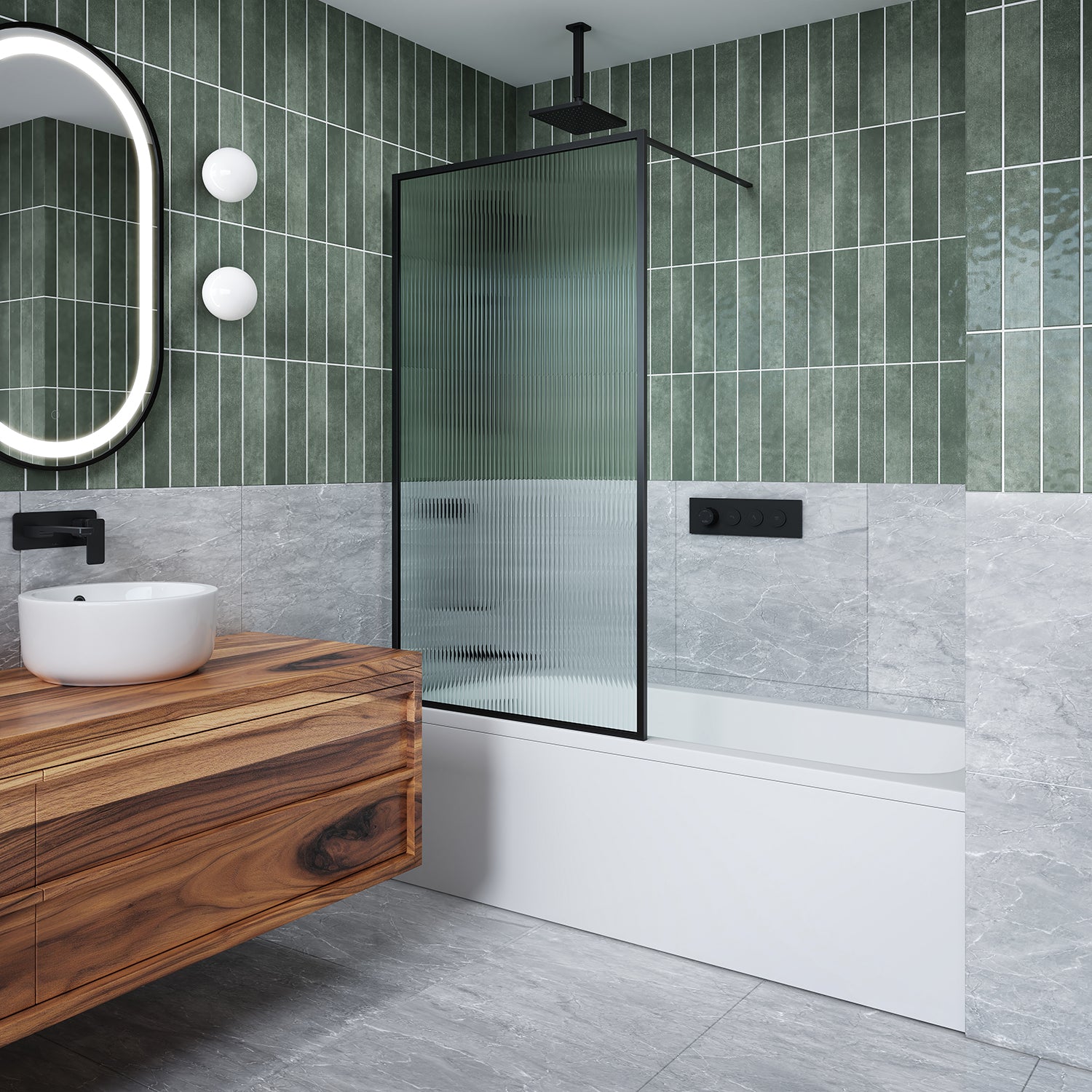 DUNE™ Matte Black Framed Bath Screen with Fluted Glass 33" x 66" (Reversible)