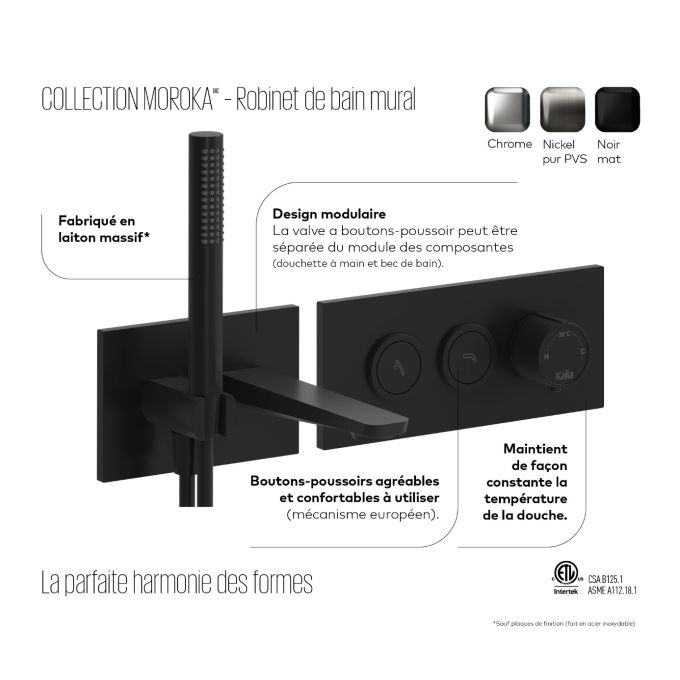 MOROKA™ Robinet Mural pour Baignoire avec Valve Thermostatique 1/2''de Type T/P AQUATONIK™ à Boutons-Poussoirs 2 Voies