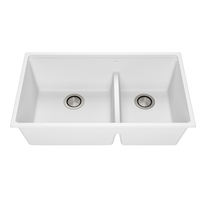 BACIA 33 Granistone Kitchen Sink, 33" Double Bowl 70/30 with Stainless Steel Drain and Silicone Mat for Undermount Installation, Onyx Black
