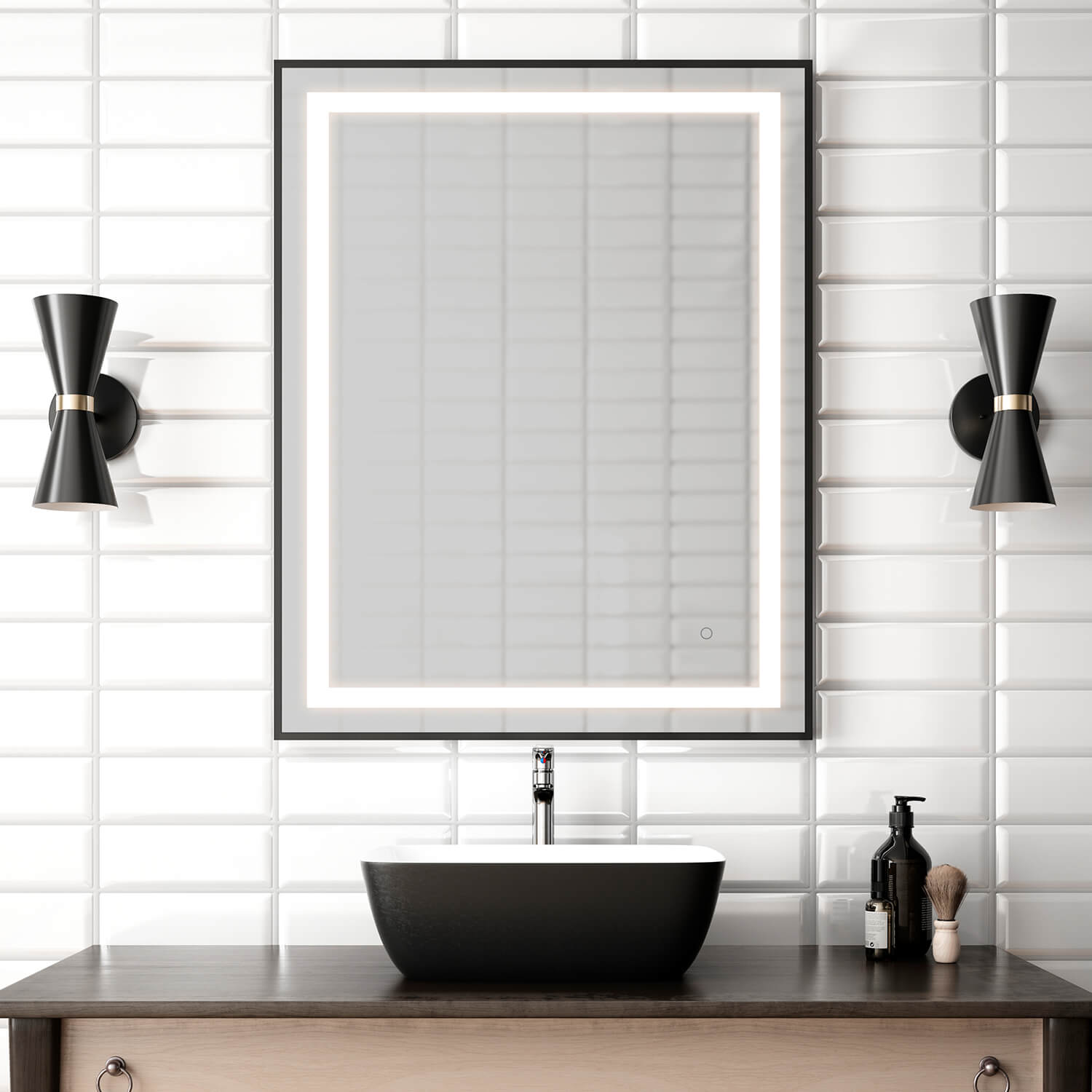 EFFECT Miroir Rectangulaire à Éclairage DEL avec Bande Givrée, Cadre Noir et Interrupteur Tactile pour Contrôle de Température de Couleur 30 x 38 x 1⅝