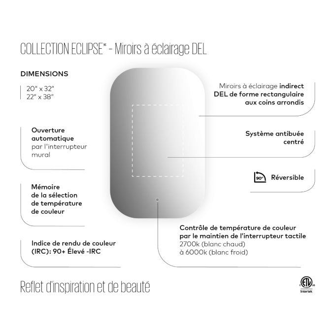 ECLIPSE Rectangular Mirror with Rounded Corners, LED Backlit, Touch Switch for Color Temperature Control, 22 x 38 x 1¾ inches