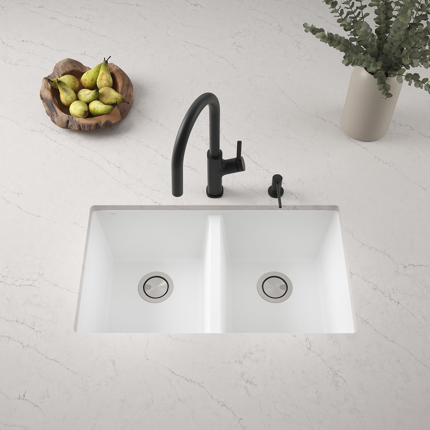 BACIA 33 Évier de Cuisine Granistone 33'' Cuve Double 70/30 avec Drain Inox et Tapis en Silicone pour Installation Sous-Plan Blanc Sable