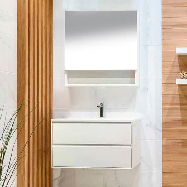 THOR 2 or 4-drawers wall-mounted vanity in white lacquer finish with medecine cabinet and basin.
