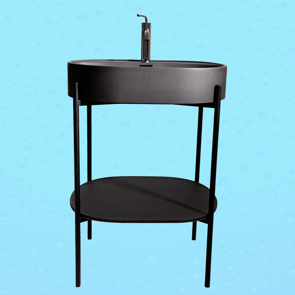 Freestanding white sink on matte black metal console