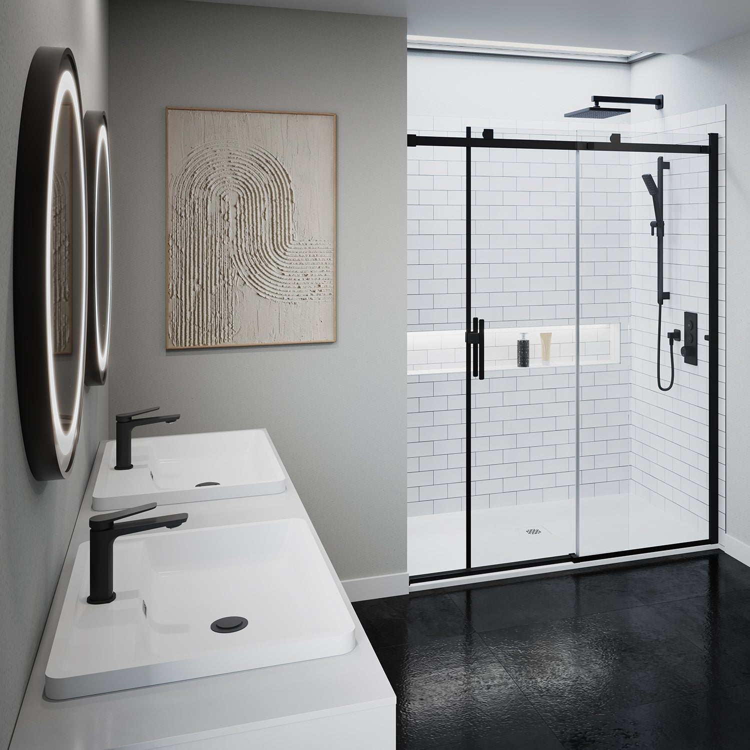 KONCEPT EVO avec KaliaProtek™ Porte de Douche Coulissante Verre Duraclean avec Film Protecteur - Panneau Fixe 60''x77'' pour Installation en Alcôve (Réversible) Noir Mat