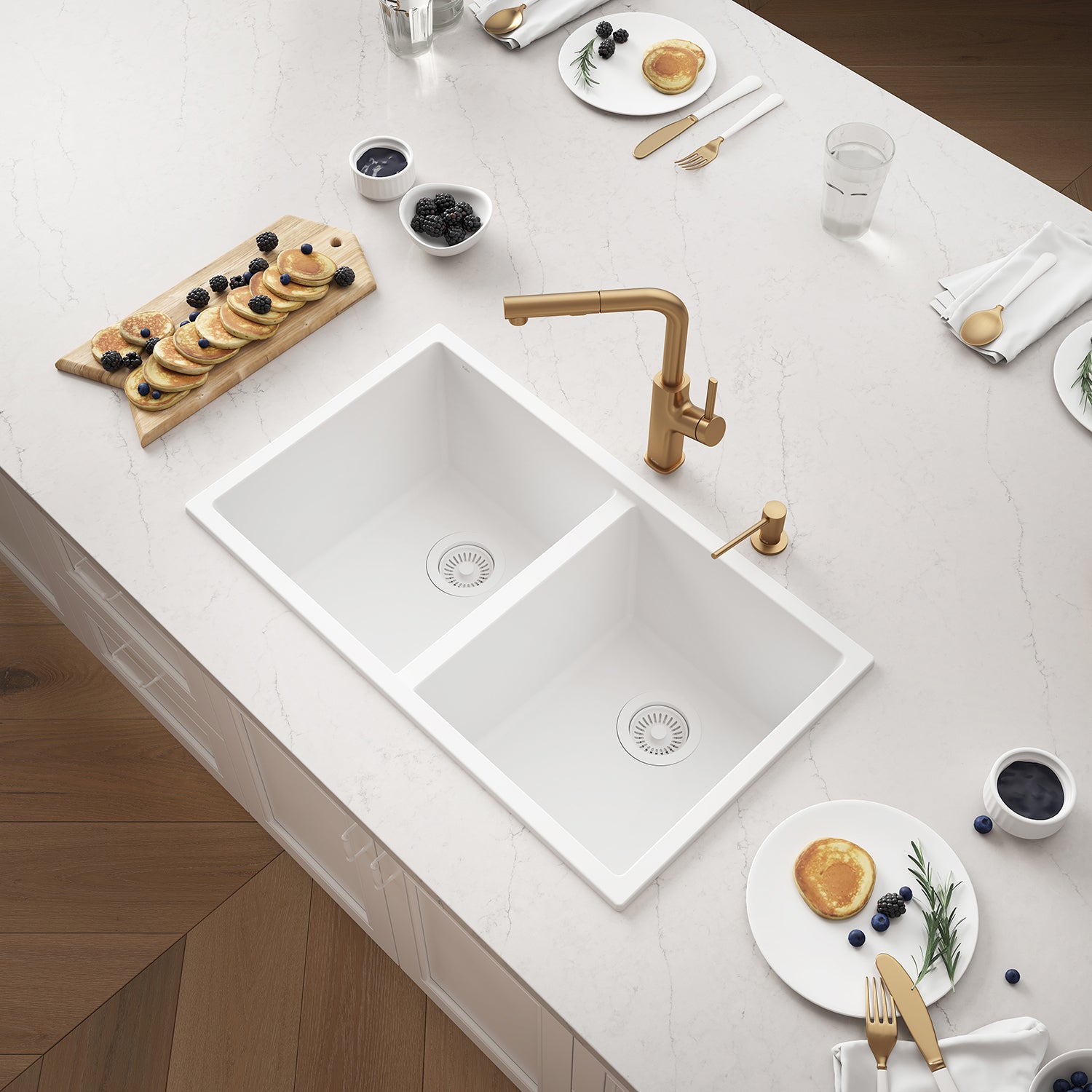 BACIA 31 Évier de Cuisine Granistone 31'' Cuve Double 50/50 avec Drain Inox et Tapis en Silicone pour Installation Sous-Plan ou Encastrée Blanc Sable