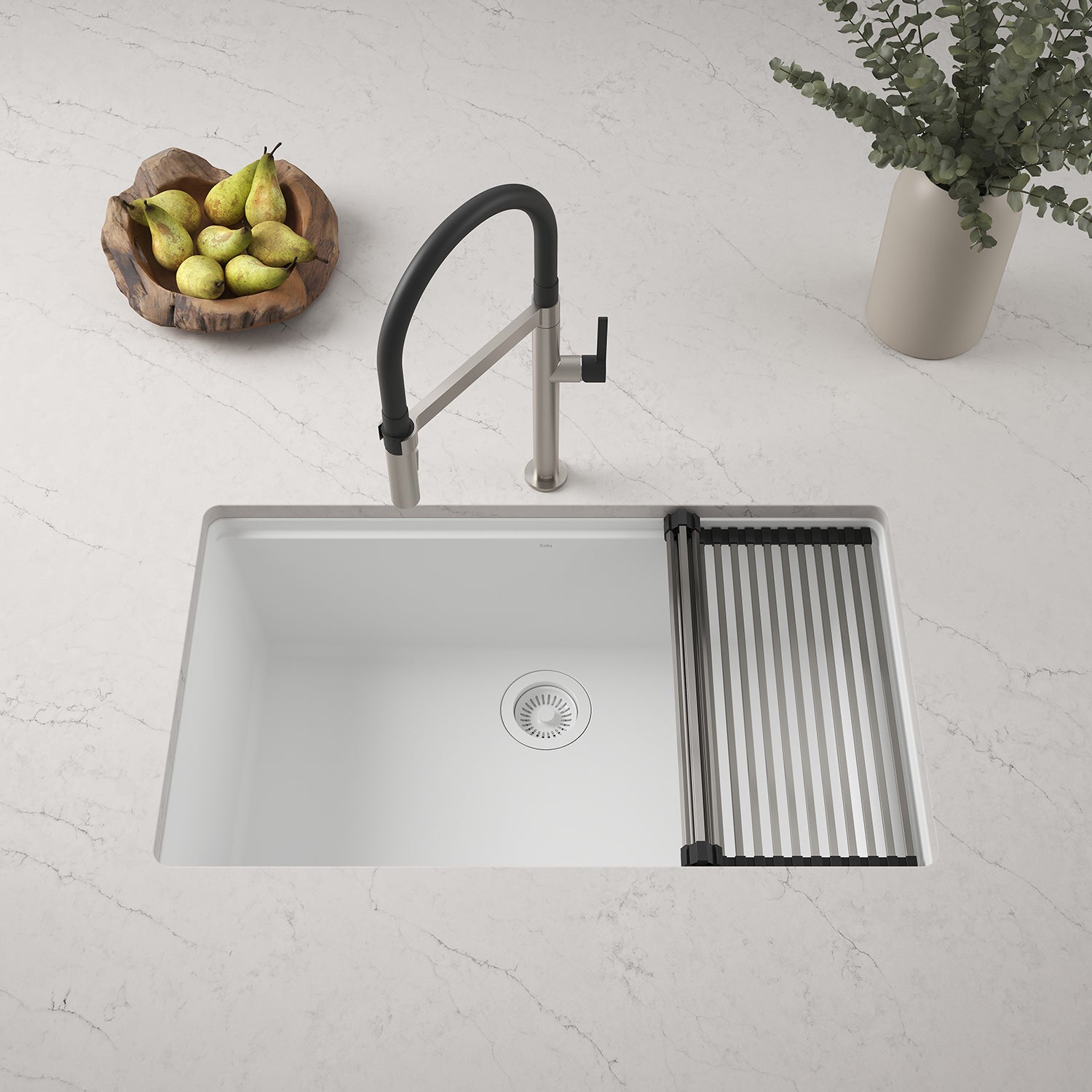 BACIA 33 Évier de Cuisine Granistone 33'' Cuve Simple avec Drain Inox et Tapis en Silicone pour Installation Sous-Plan Blanc Sable
