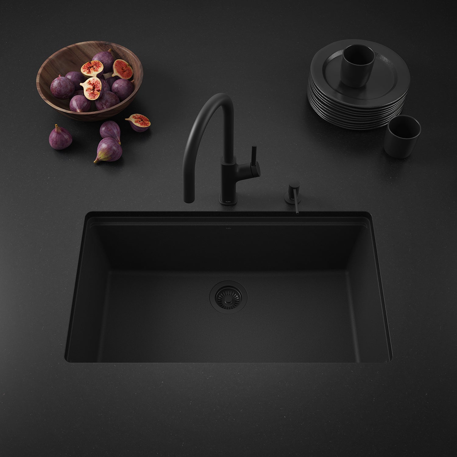 BACIA 33 Évier de Cuisine Granistone 33'' Cuve Simple avec Drain Inox et Tapis en Silicone pour Installation Sous-Plan Noir Onyx