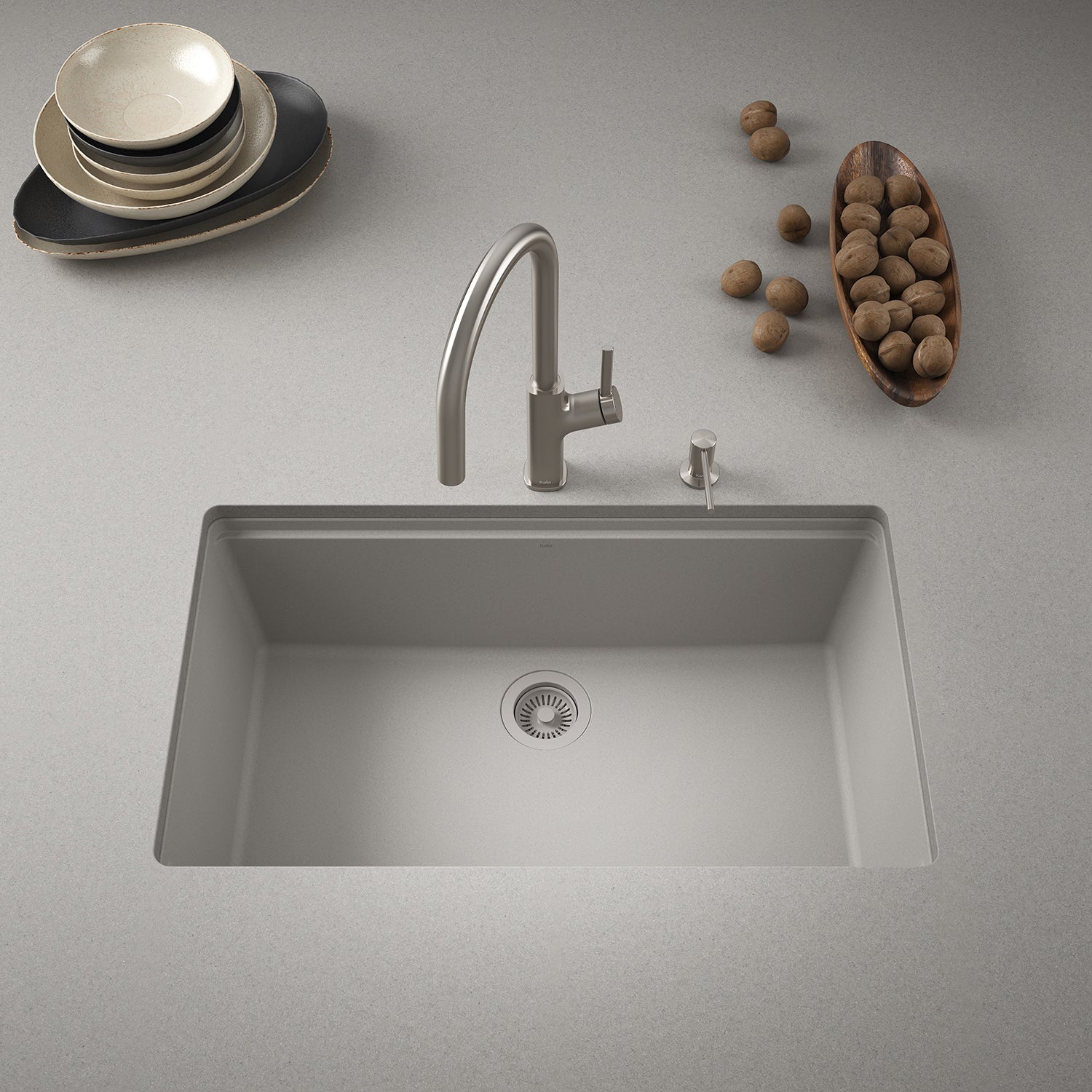 BACIA 33 Évier de Cuisine Granistone 33'' Cuve Simple avec Drain Inox et Tapis en Silicone pour Installation Sous-Plan Gris Galet