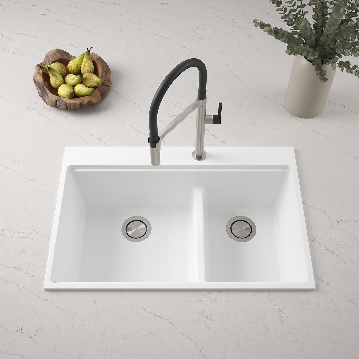BACIA 33 Évier de Cuisine Granistone 33'' Cuve Double 70/30 avec Drain Inox et Tapis en Silicone pour Installation Encastrée Blanc Sable