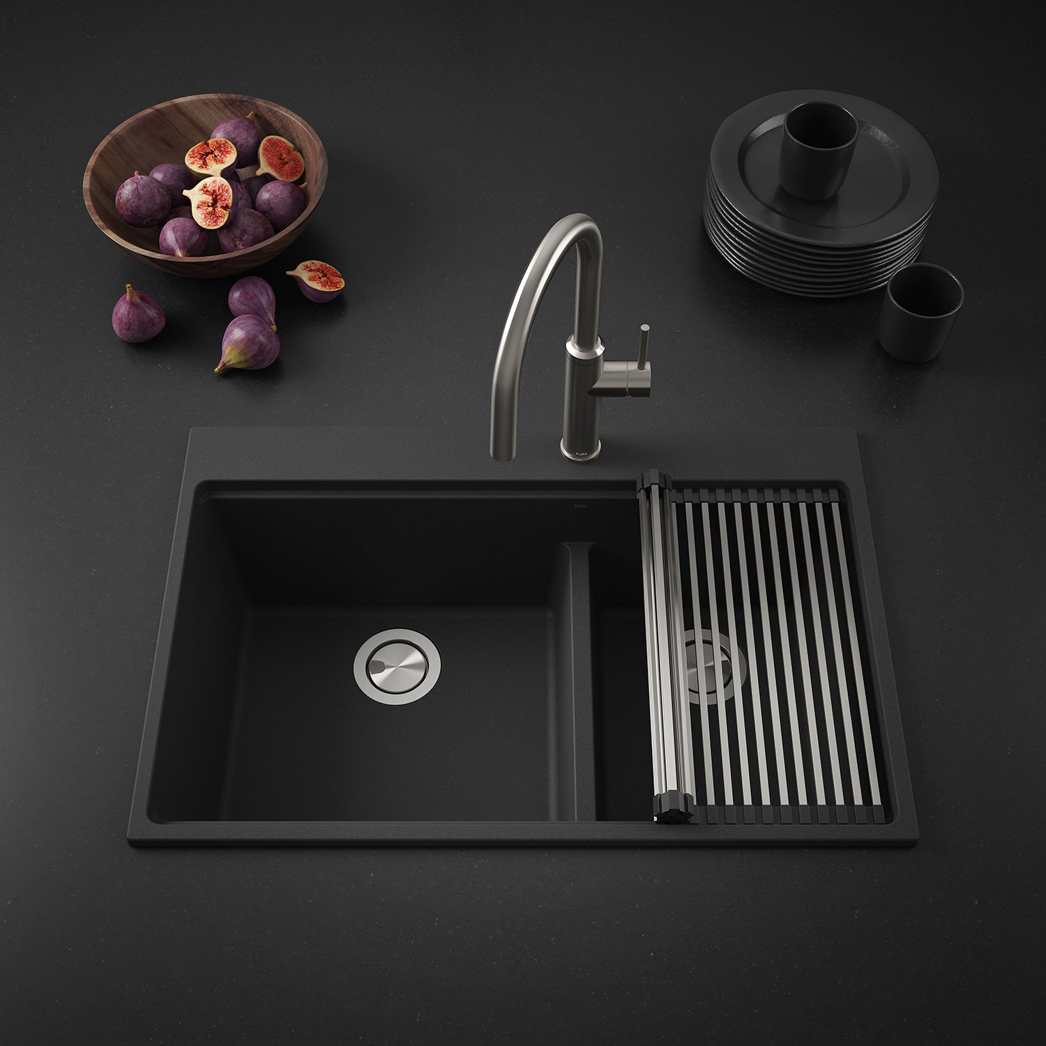 BACIA 33 Évier de Cuisine Granistone 33'' Cuve Double 70/30 avec Drain Inox et Tapis en Silicone pour Installation Encastrée Noir Onyx