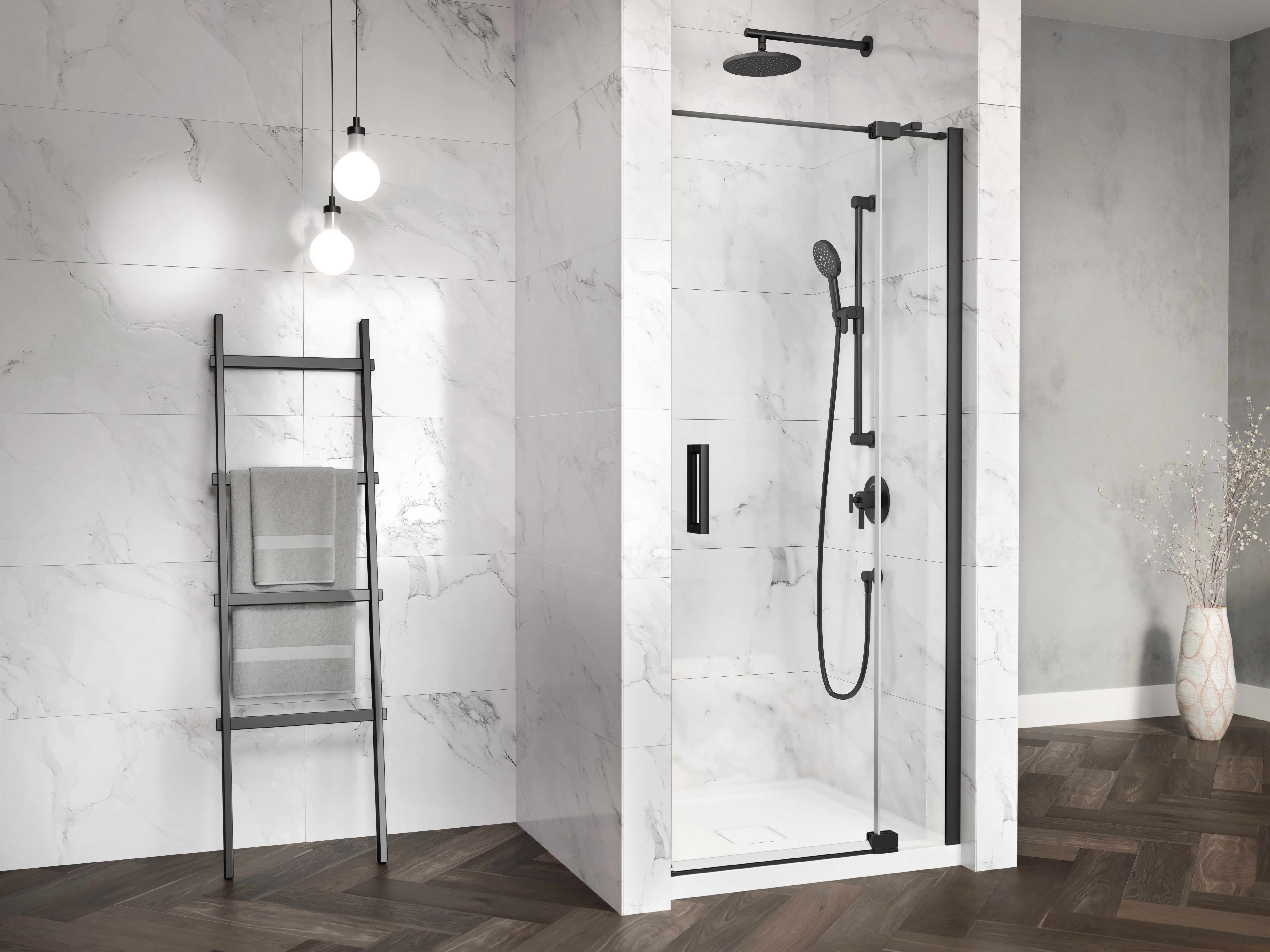 DISTINK™ avec KaliaProtek™ Porte de Douche à Pivot 2 Panneaux Verre Duraclean avec Film 36''x77'' pour Inst. en Alcôve (Réversible) Noir Mat