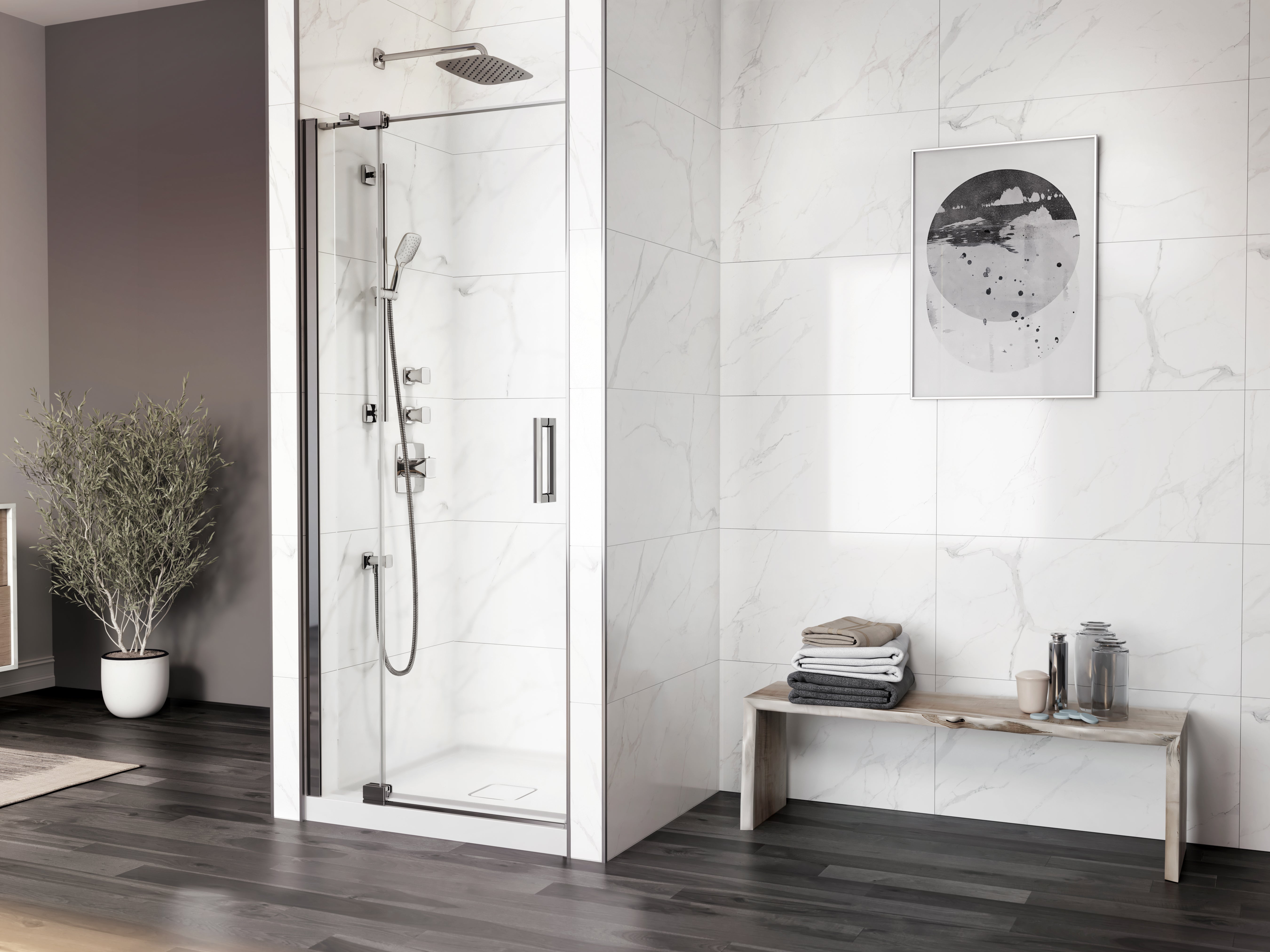 DISTINK™ avec KaliaProtek™ Porte de Douche à Pivot 2 Panneaux Verre Duraclean avec Film 36''x77'' pour Inst. en Alcôve (Réversible) Chrome