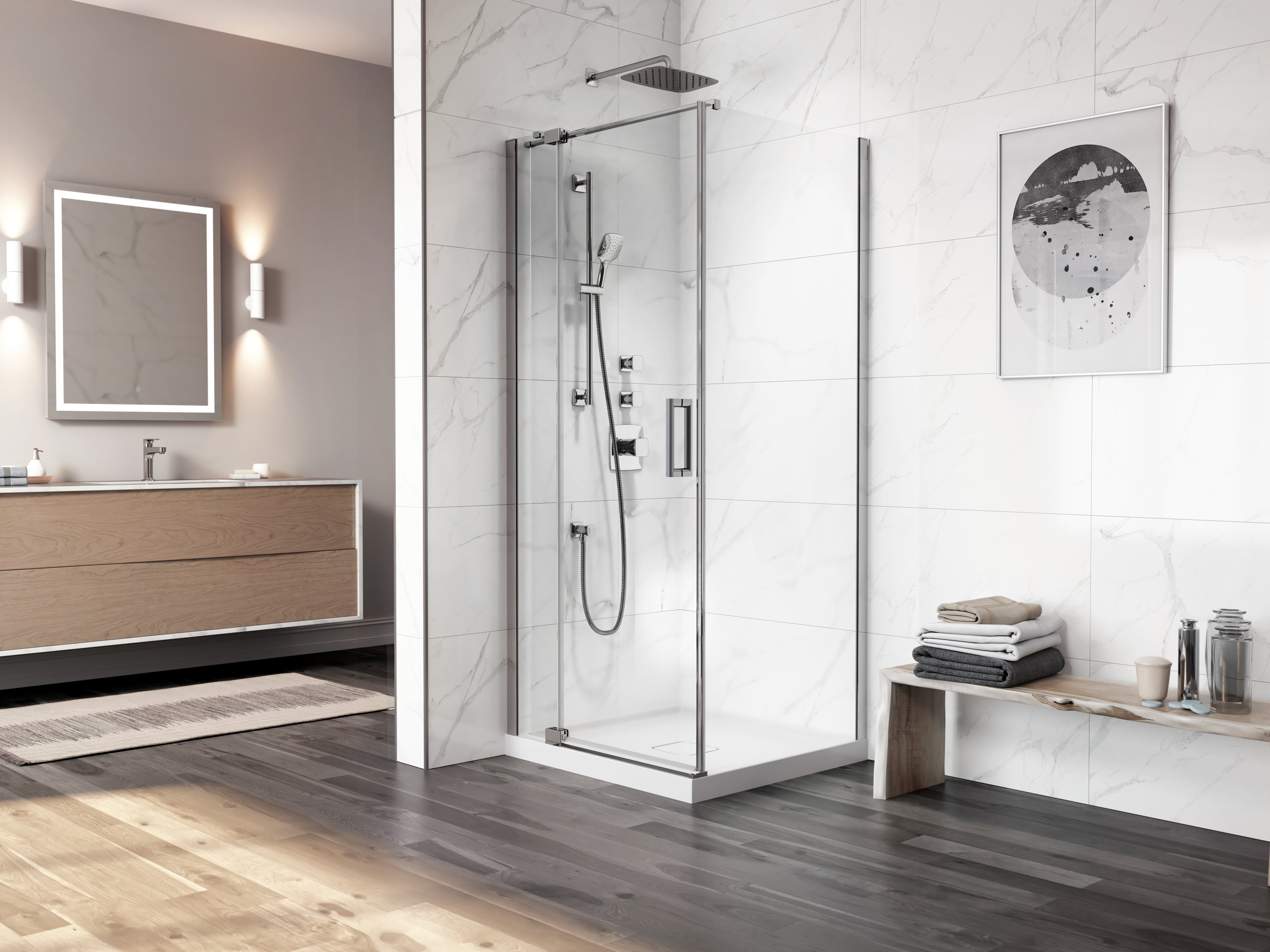 DISTINK™ avec KaliaProtek™ (Boite 1 de 2)Porte de Douche à Pivot 2 Panneaux Verre Duraclean avec Film 36''x77'' pour Inst. en Coin (Réversible) Chrome