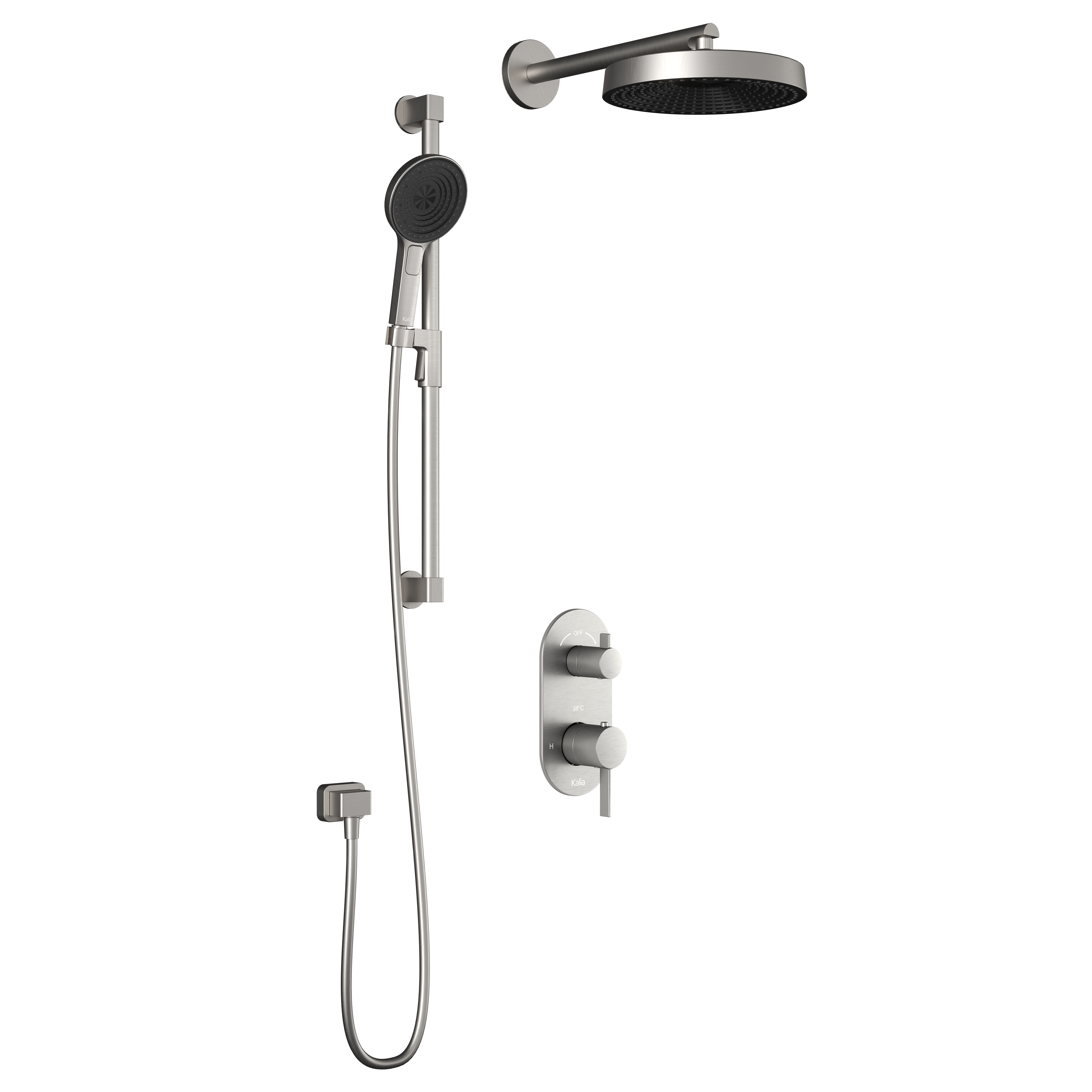 RoundOne™ TD2 PREMIA (Valve Non Incluse) : Système de Douche T/P AQUATONIK™ et Sélecteur avec Bras Mural Nickel Pur PVS