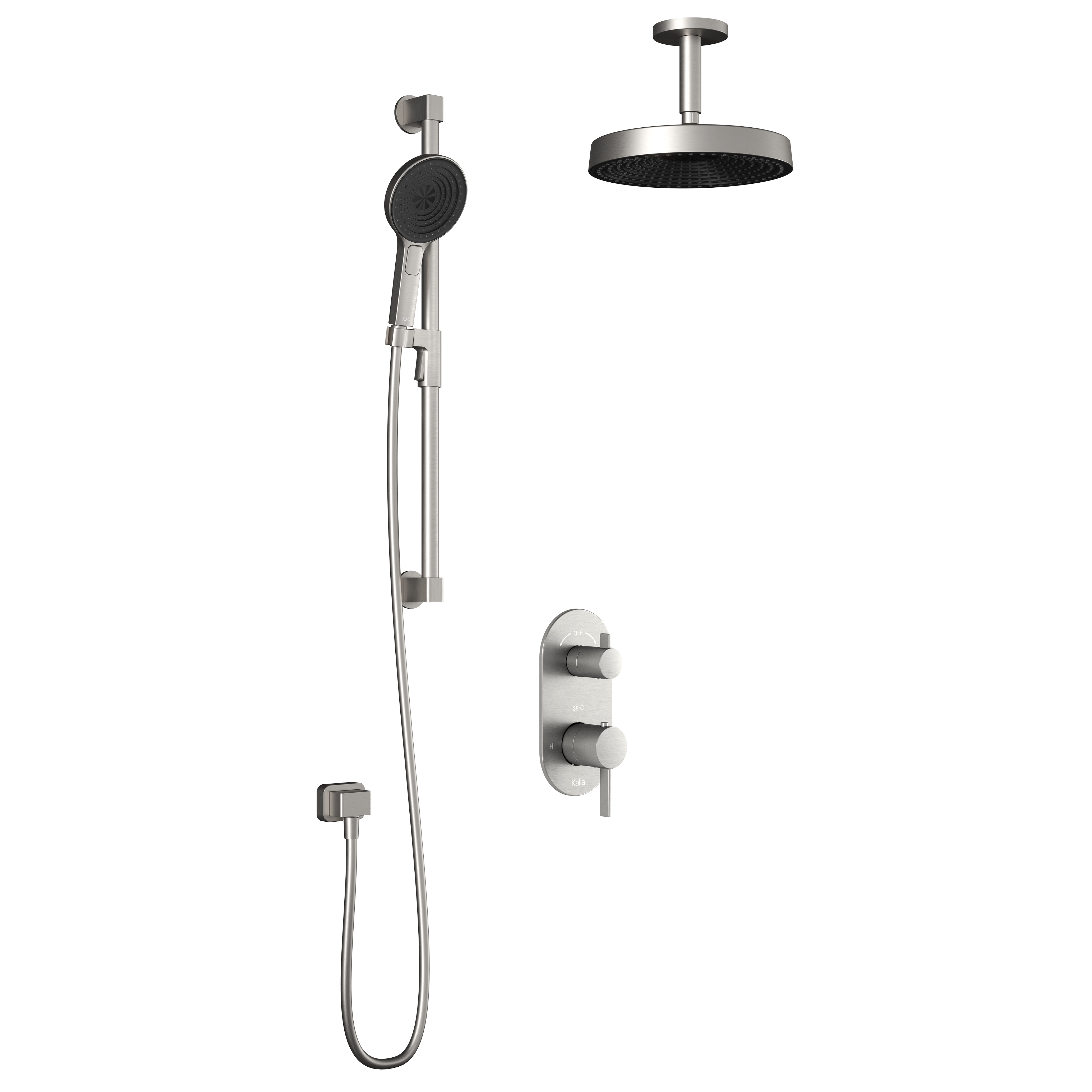 RoundOne™ TD2 PREMIA (Valve Non Incluse) : Système de Douche T/P AQUATONIK™ et Sélecteur avec Bras Vertical Nickel Pur PVS