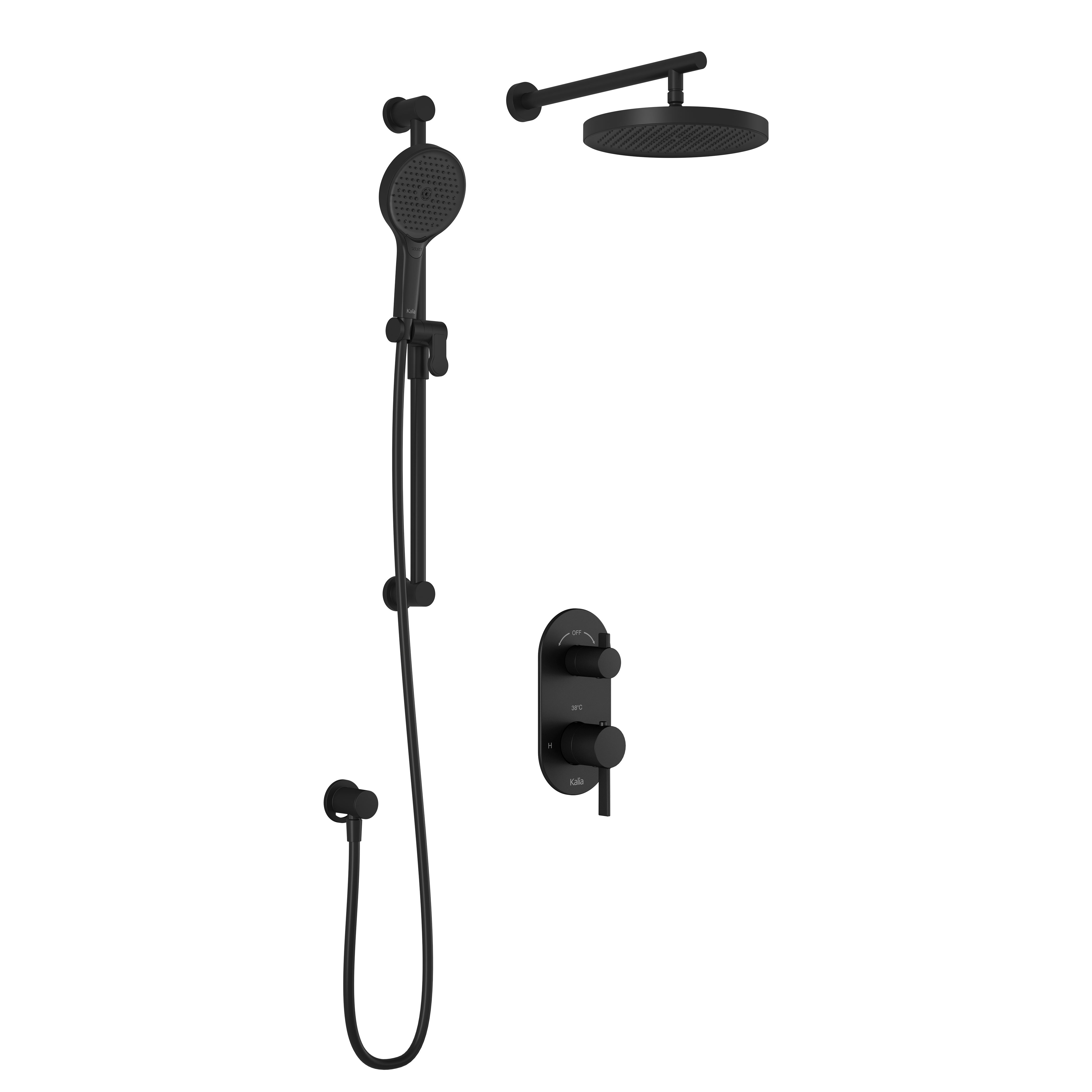 RoundOne™ TD2 PLUS (Valve Non Incluse) : Système de Douche T/P AQUATONIK™ et Sélecteur avec Bras Mural Noir Mat