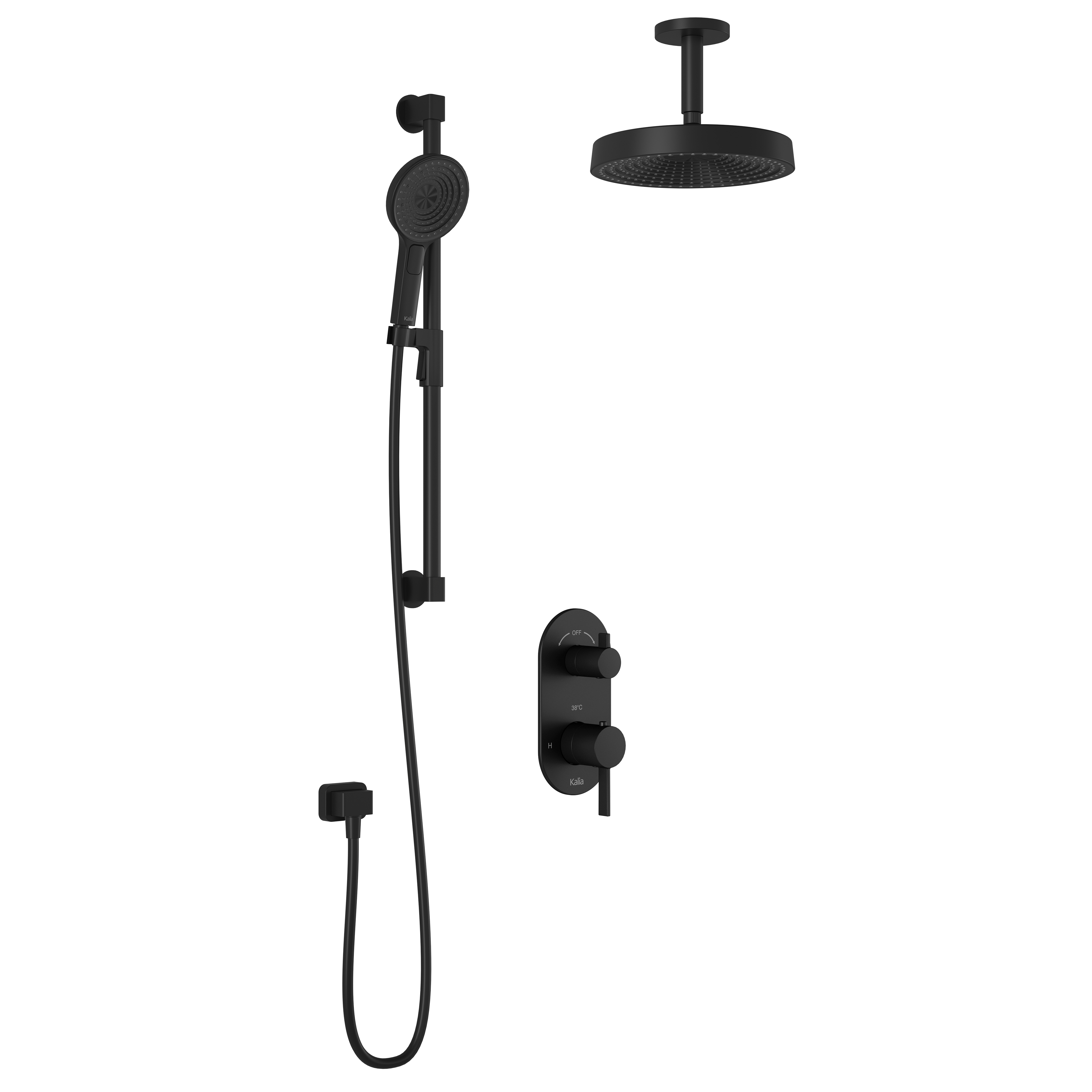RoundOne™ TD2 PREMIA (Valve Non Incluse) : Système de Douche T/P AQUATONIK™ et Sélecteur avec Bras Vertical Noir Mat