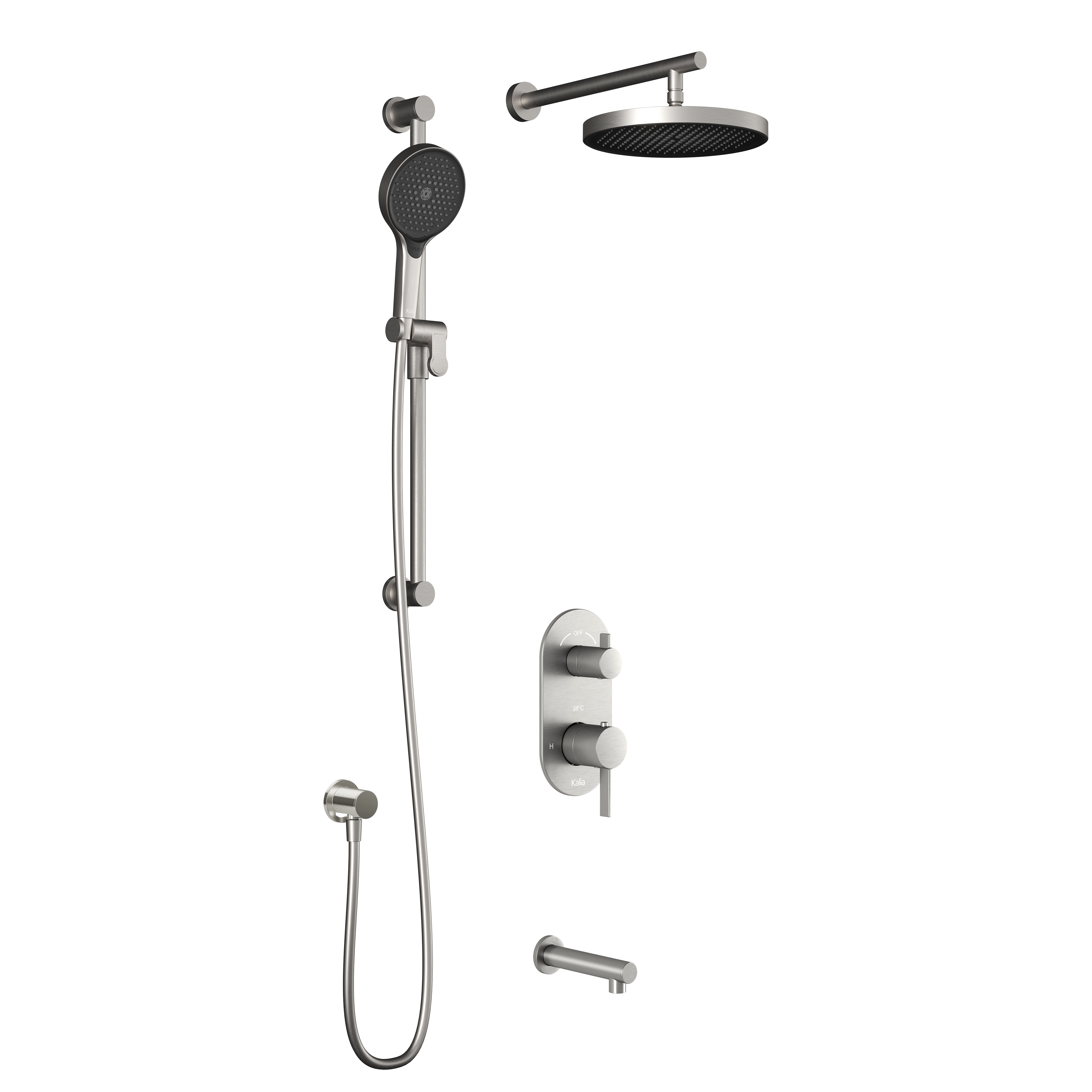 RoundOne™ TD3 PLUS : Système de Douche T/P AQUATONIK™ et Sélecteur avec Bras Mural Nickel Pur PVS