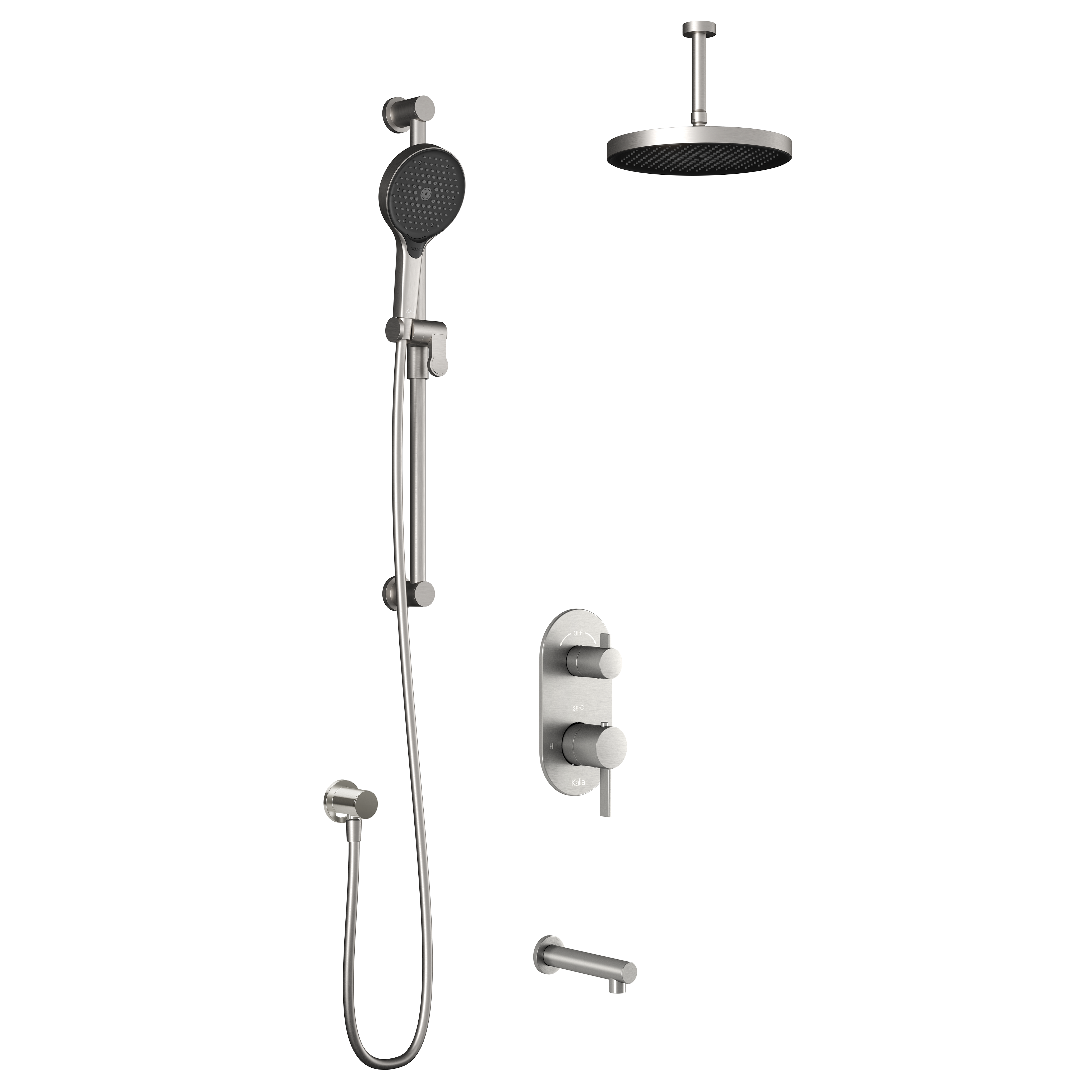 RoundOne™ TD3 PLUS : Système de Douche T/P AQUATONIK™ et Sélecteur avec Bras Vertical Nickel Pur PVS