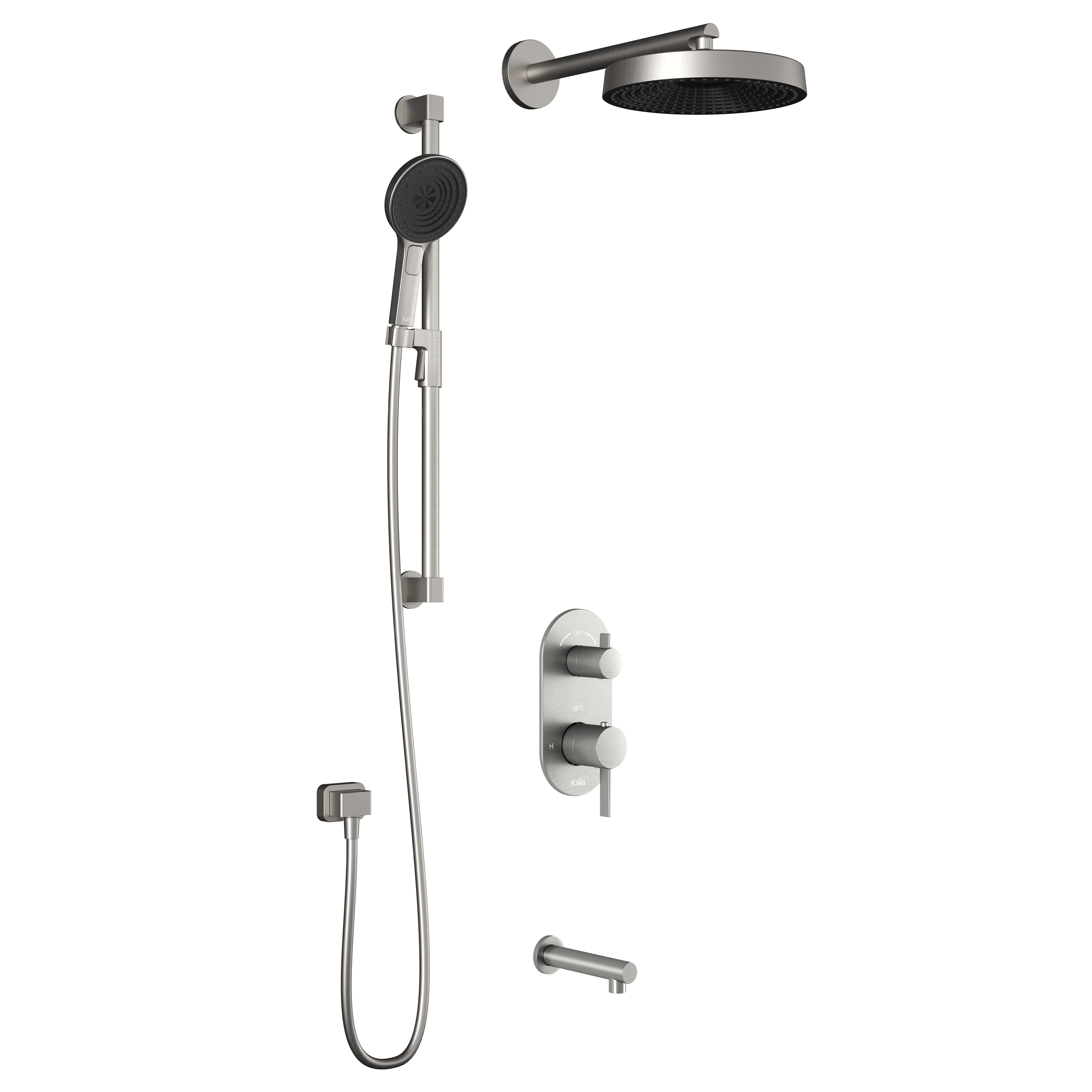 RoundOne™ TD3 PREMIA (Valve Non Incluse) : Système de Douche T/P AQUATONIK™ et Sélecteur avec Bras Mural Nickel Pur PVS
