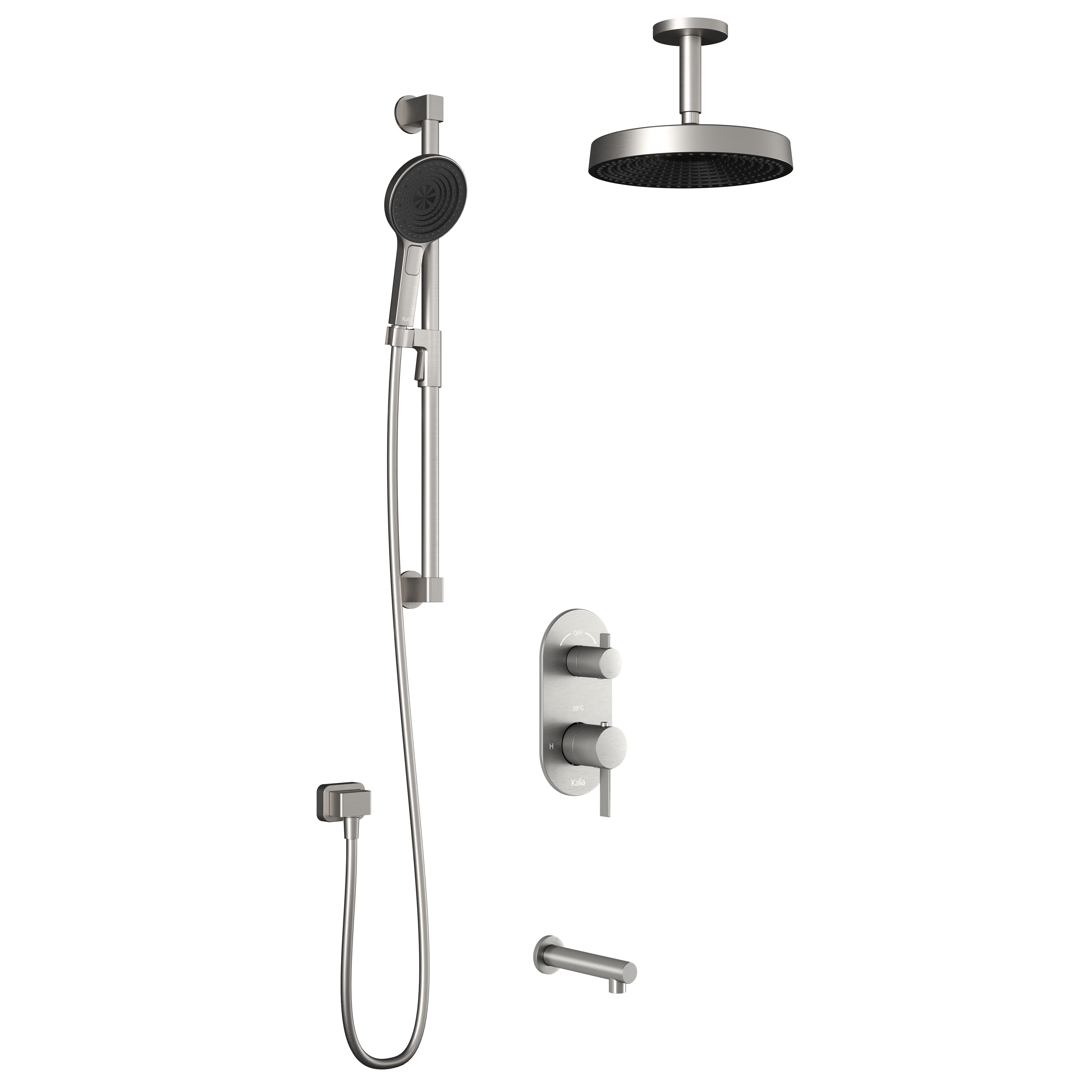 RoundOne™ TD3 PREMIA (Valve Non Incluse) : Système de Douche T/P AQUATONIK™ et Sélecteur avec Bras Vertical Nickel Pur PVS