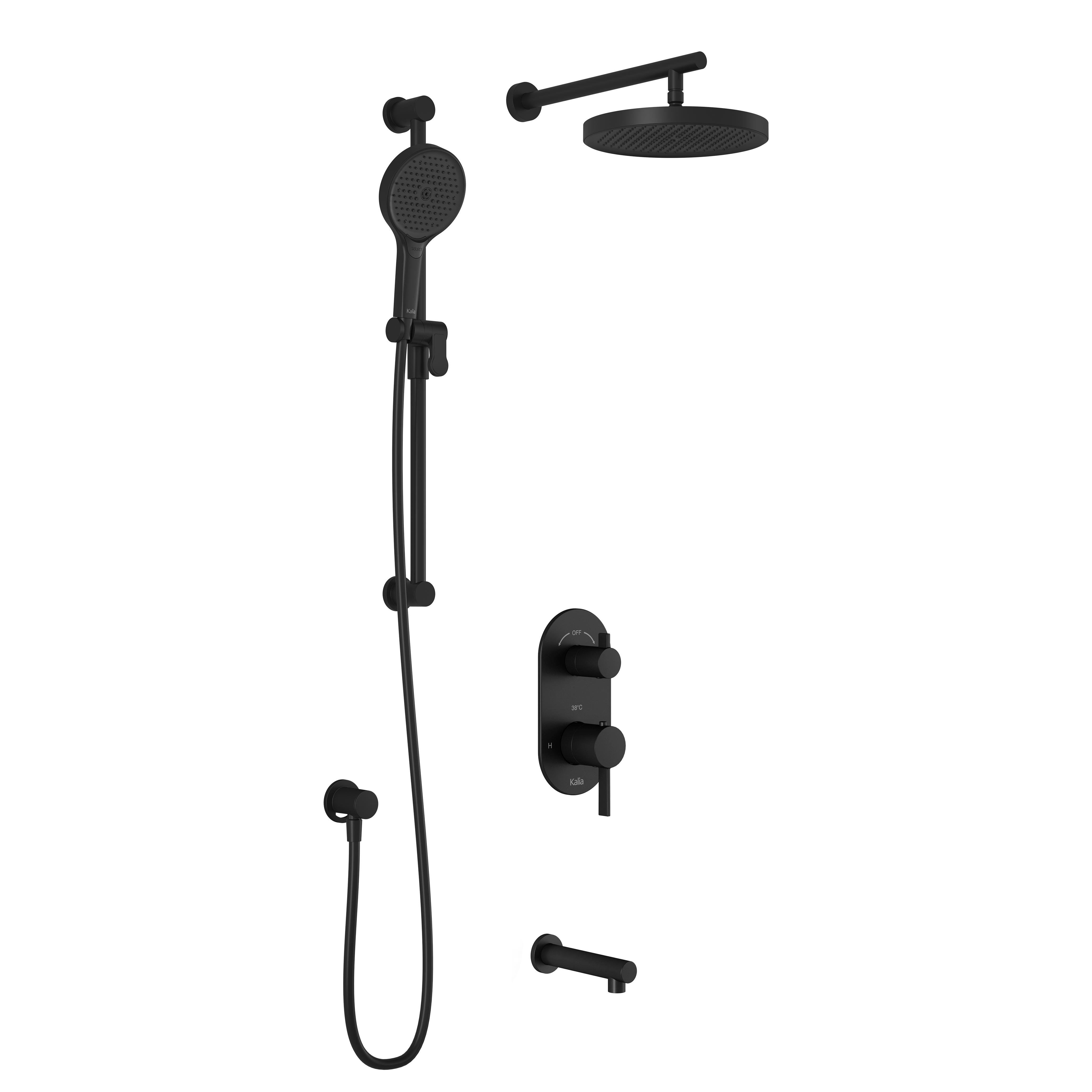 RoundOne™ TD3 PLUS (Valve Non Incluse) : Système de Douche T/P AQUATONIK™ et Sélecteur avec Bras Mural Noir Mat