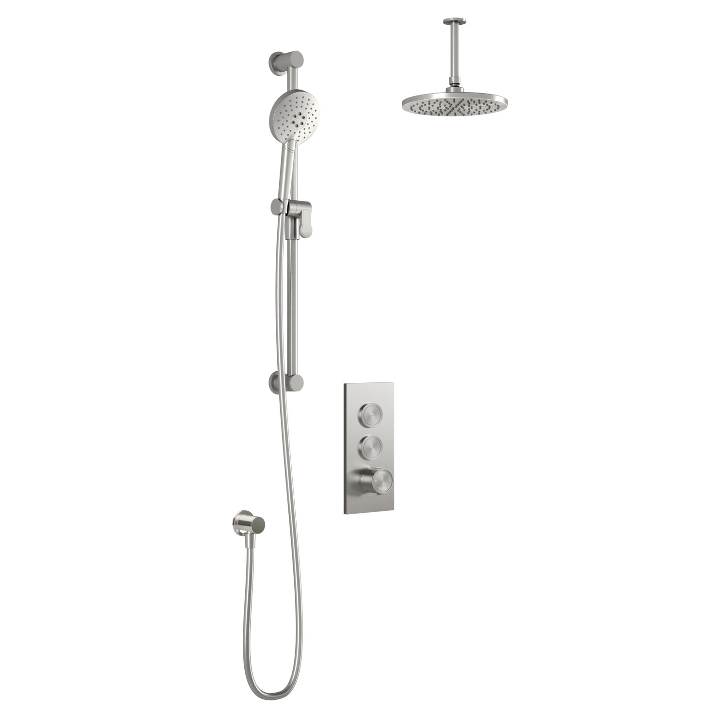 RoundOne™ TB2 : Système de Douche T/P AQUATONIK™ Boutons-Poussoirs avec Bras Vertical Nickel Pur PVS