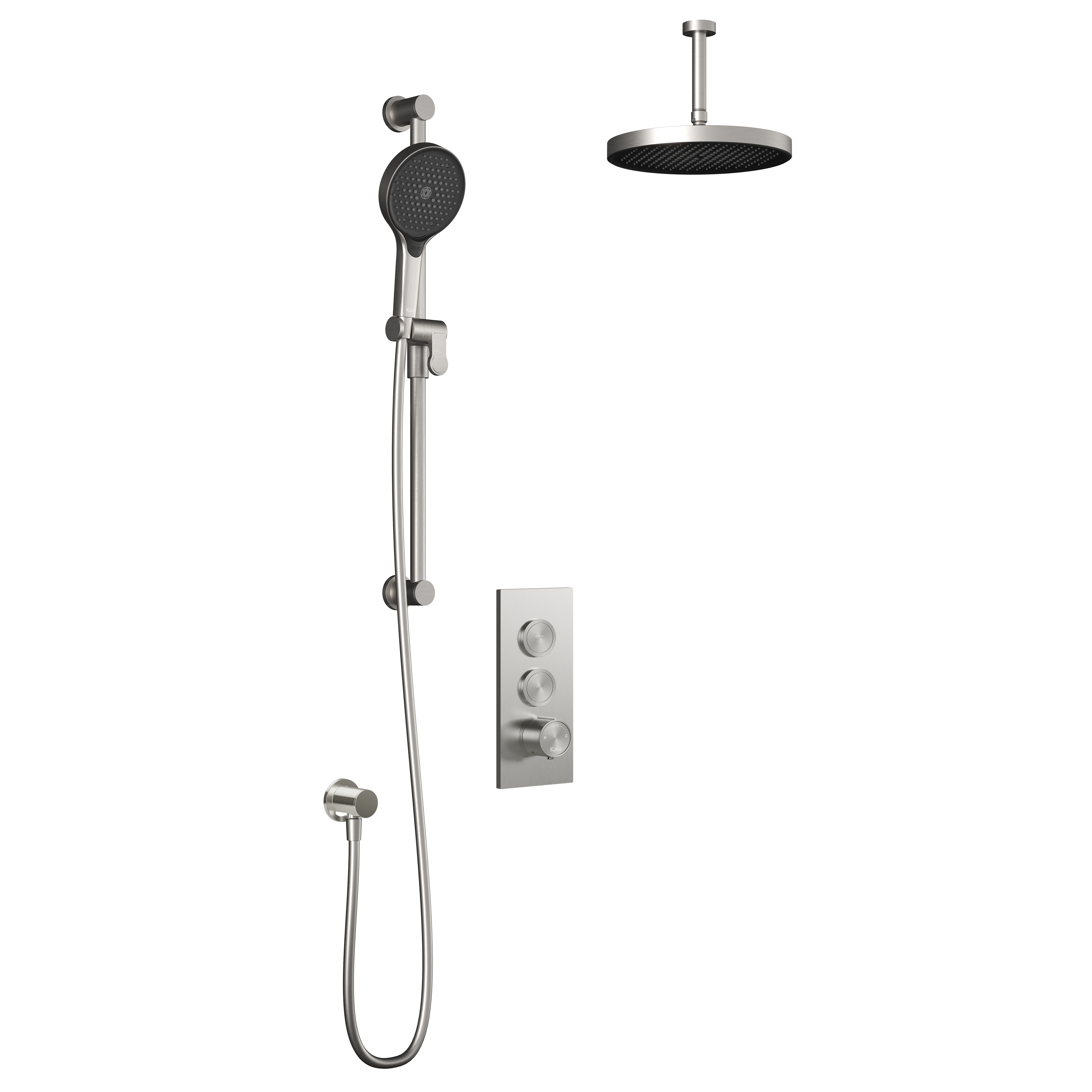 RoundOne™ TB2 PLUS : Système de Douche T/P AQUATONIK™ Boutons-Poussoirs avec Bras Vertical Nickel Pur PVS