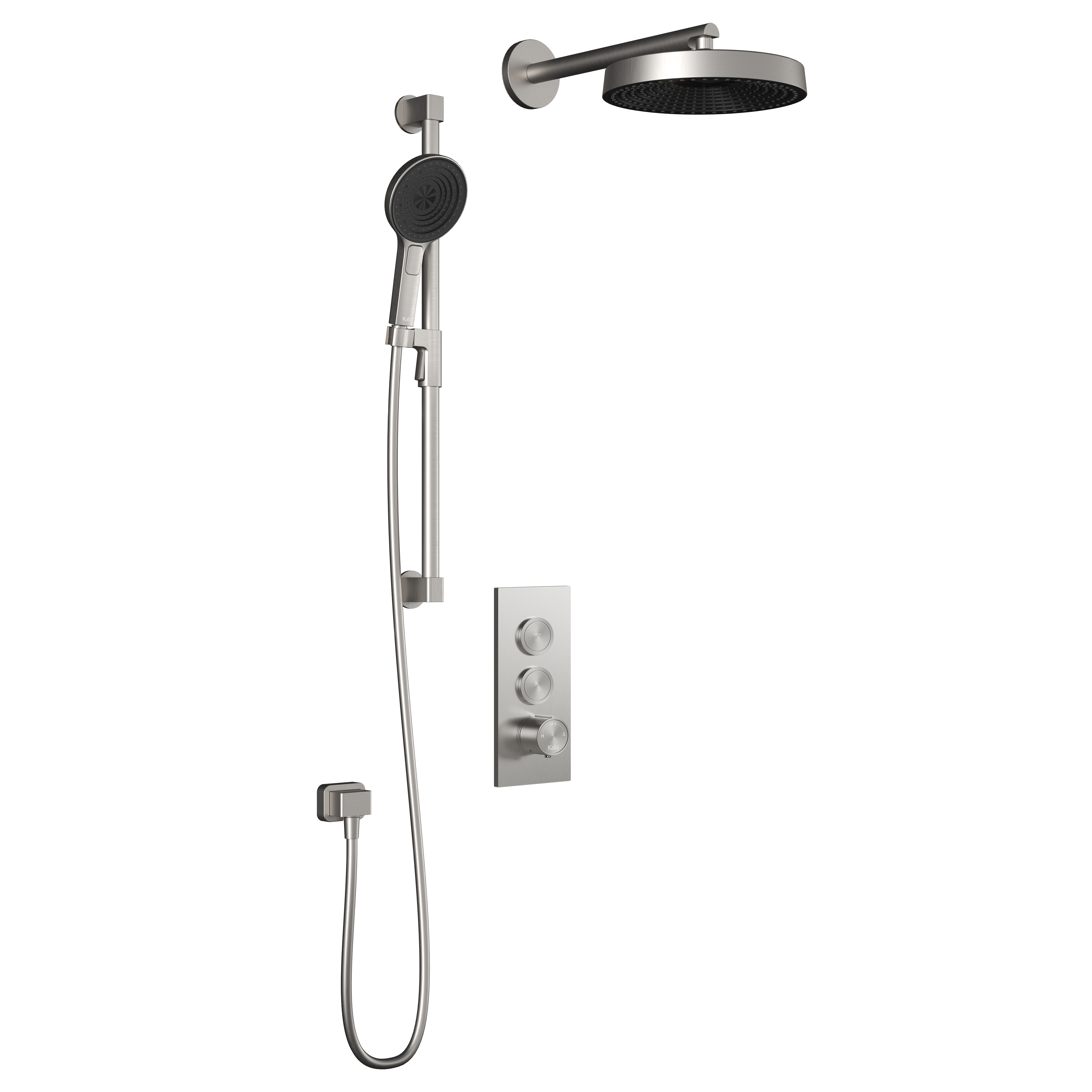 RoundOne™ TB2 PREMIA : Système de Douche T/P AQUATONIK™ Boutons-Poussoirs avec Bras Mural Nickel Pur PVS