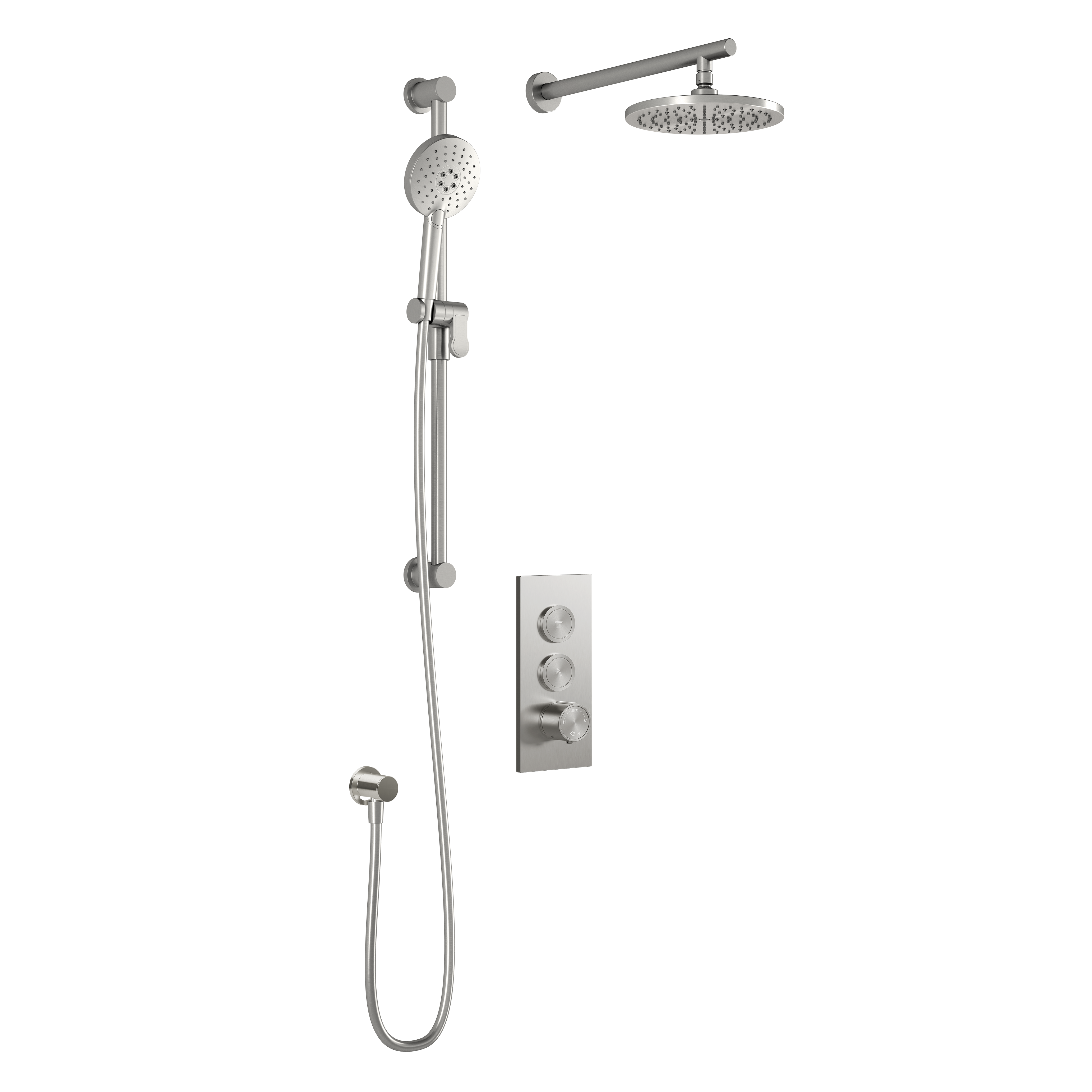 RoundOne™ TB2 : Système de Douche T/P AQUATONIK™ Boutons-Poussoirs avec Bras Mural Nickel Pur PVS