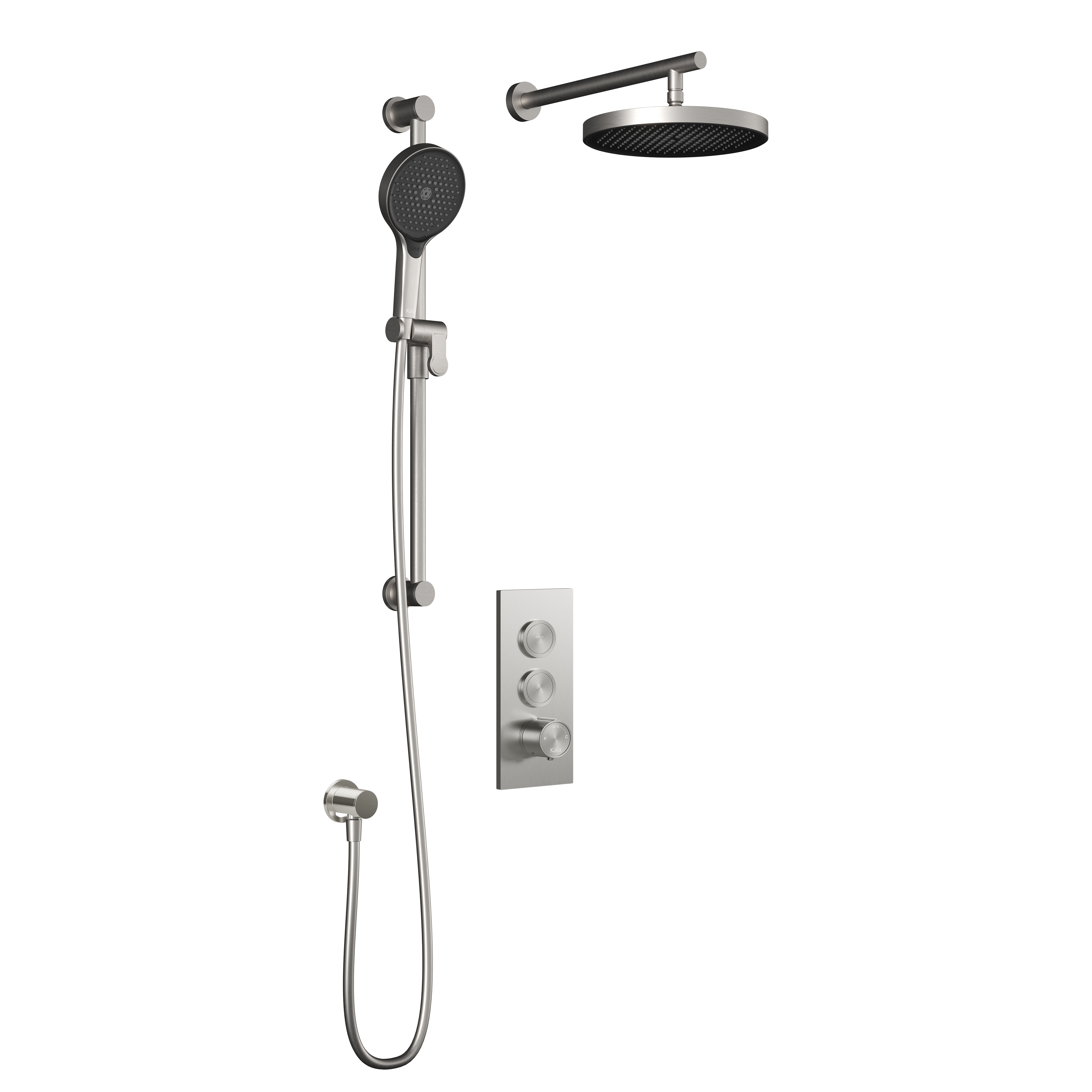 RoundOne™ TB2 PLUS (Valve Non Incluse) : Système de Douche T/P AQUATONIK™ Boutons-Poussoirs avec Bras Mural Nickel Pur PVS