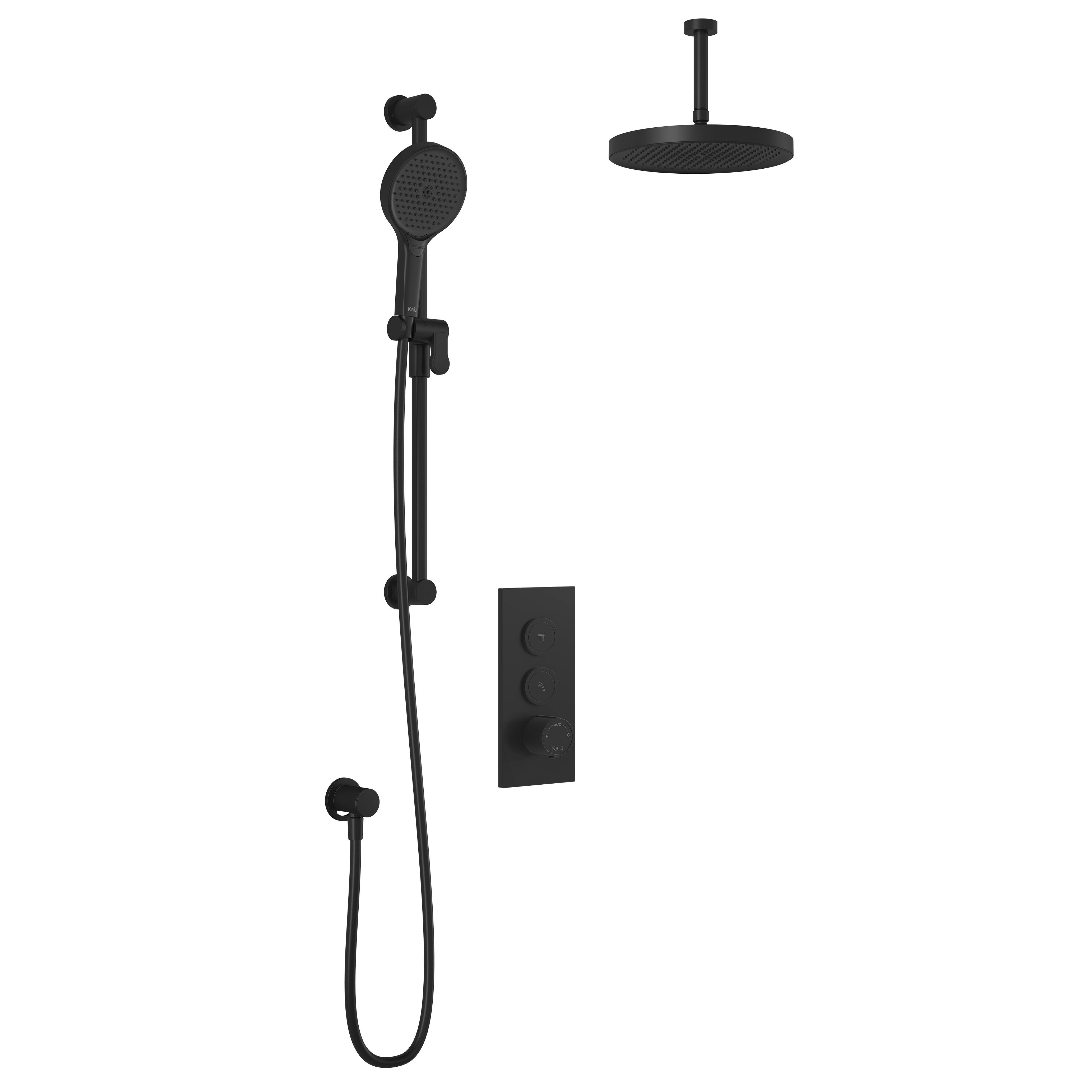 RoundOne™ TB2 PLUS (Valve Non Incluse) : Système de Douche T/P AQUATONIK™ Boutons-Poussoirs avec Bras Vertical Noir Mat