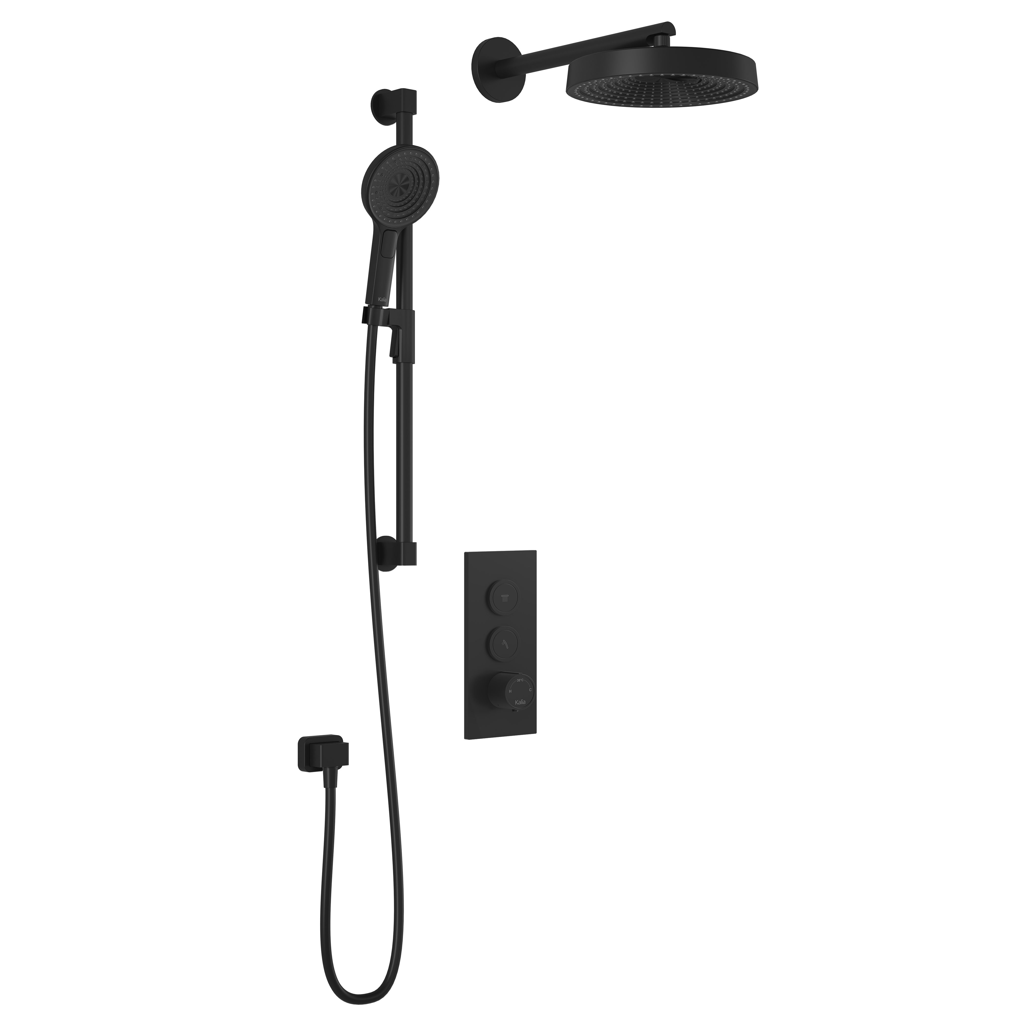 RoundOne™ TB2 PREMIA (Valve Non Incluse) : Système de Douche T/P AQUATONIK™ Boutons-Poussoirs avec Bras Mural Noir Mat