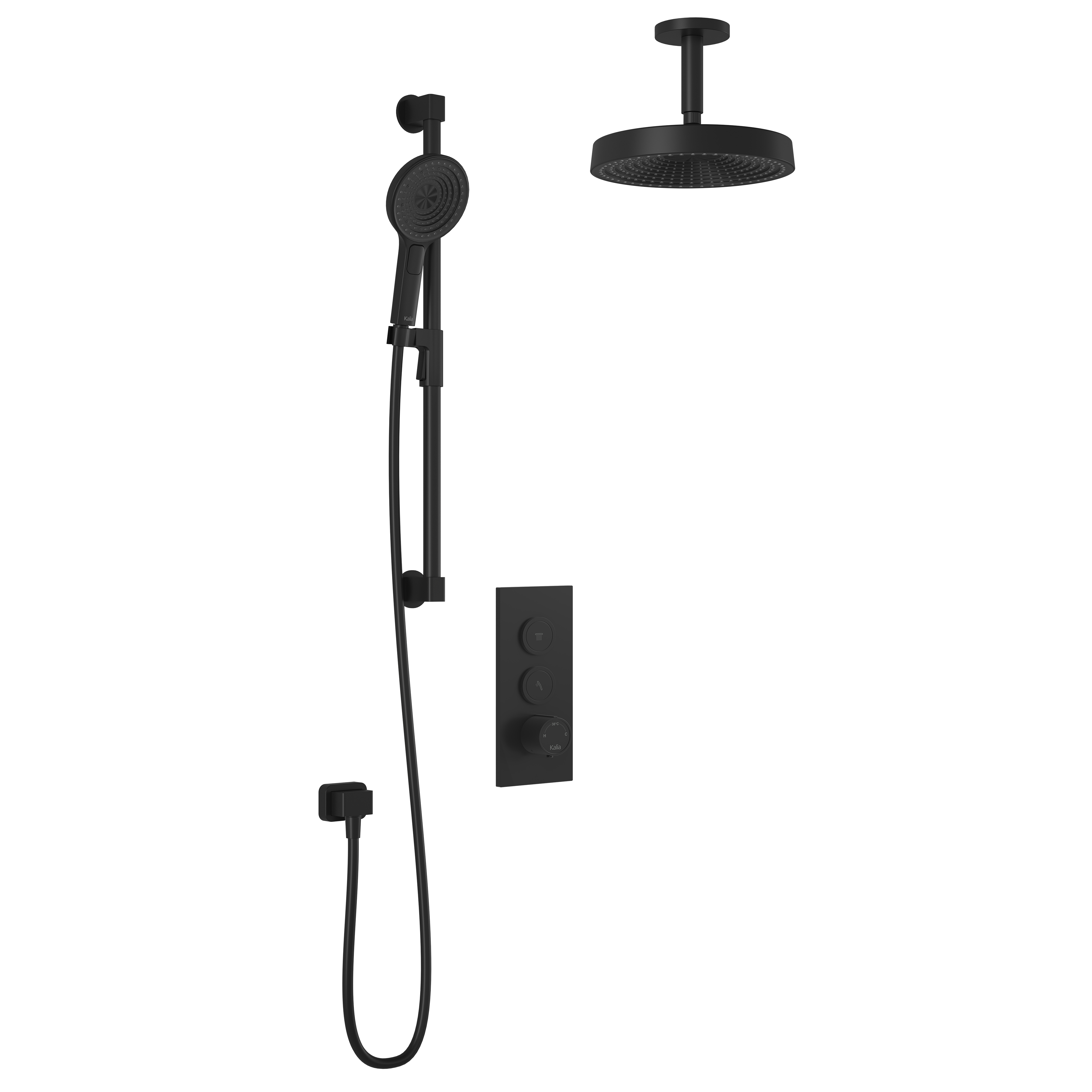 RoundOne™ TB2 PREMIA (Valve Non Incluse) : Système de Douche T/P AQUATONIK™ Boutons-Poussoirs avec Bras Vertical Noir Mat