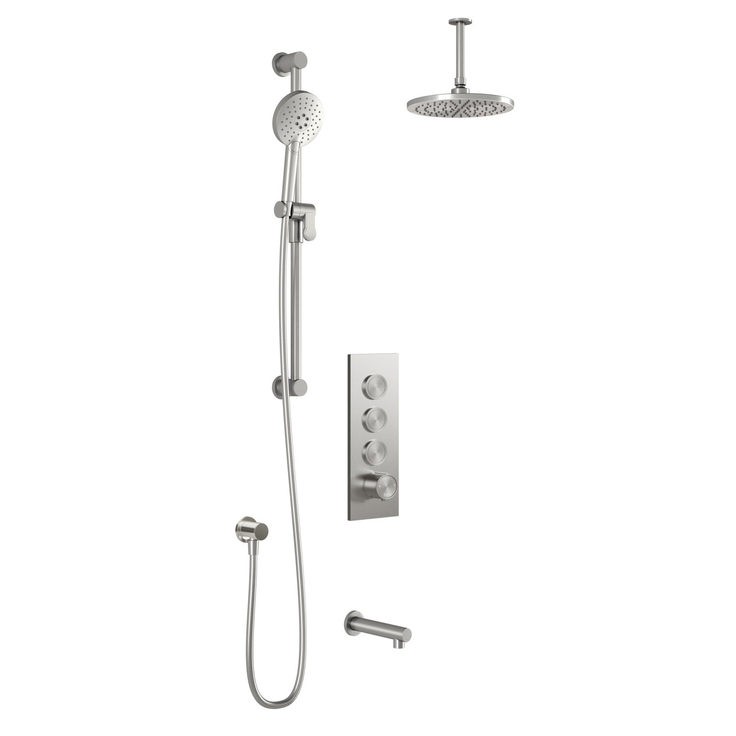 RoundOne™ TB3 : Système de Douche T/P AQUATONIK™ Boutons-Poussoirs avec Bras Vertical Nickel Pur PVS